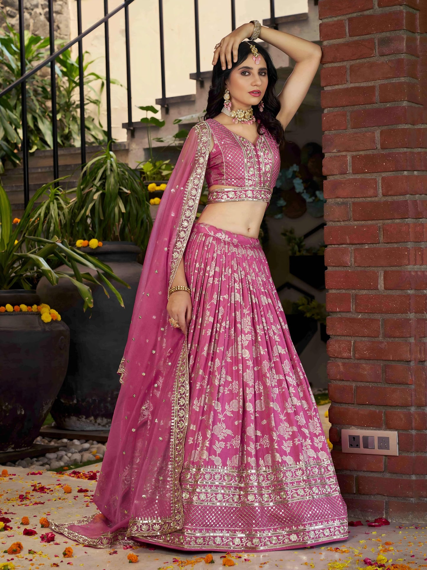 Zeel Clothing Women's Sequins Zari Embroidered Dola Silk Jacquard Lehenga Choli With Dupatta (7100-Women-Lehenga-Choli-Latest, Free size) (Pink)