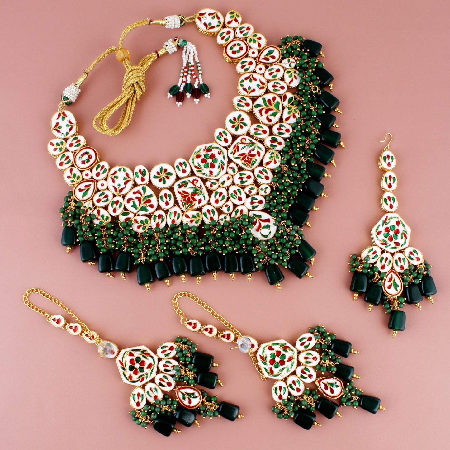 Lucky Jewellery Womens Back Meenakari 18k Gold Plated Green Color Tika Earring Combo Uncut Big Faux Kundan Choker Necklace Set (5910-M4SK-1574-G)