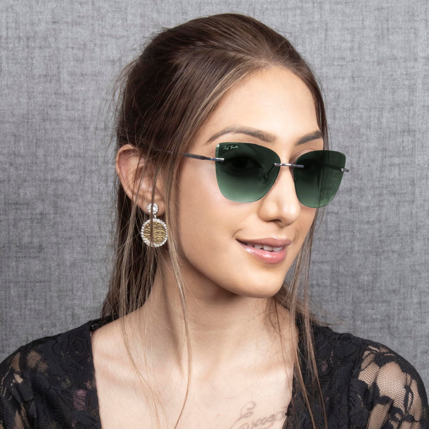 Ted Smith Women's UV Protection Green Graded Lens Gunmetal Cat Eye Sunglasses