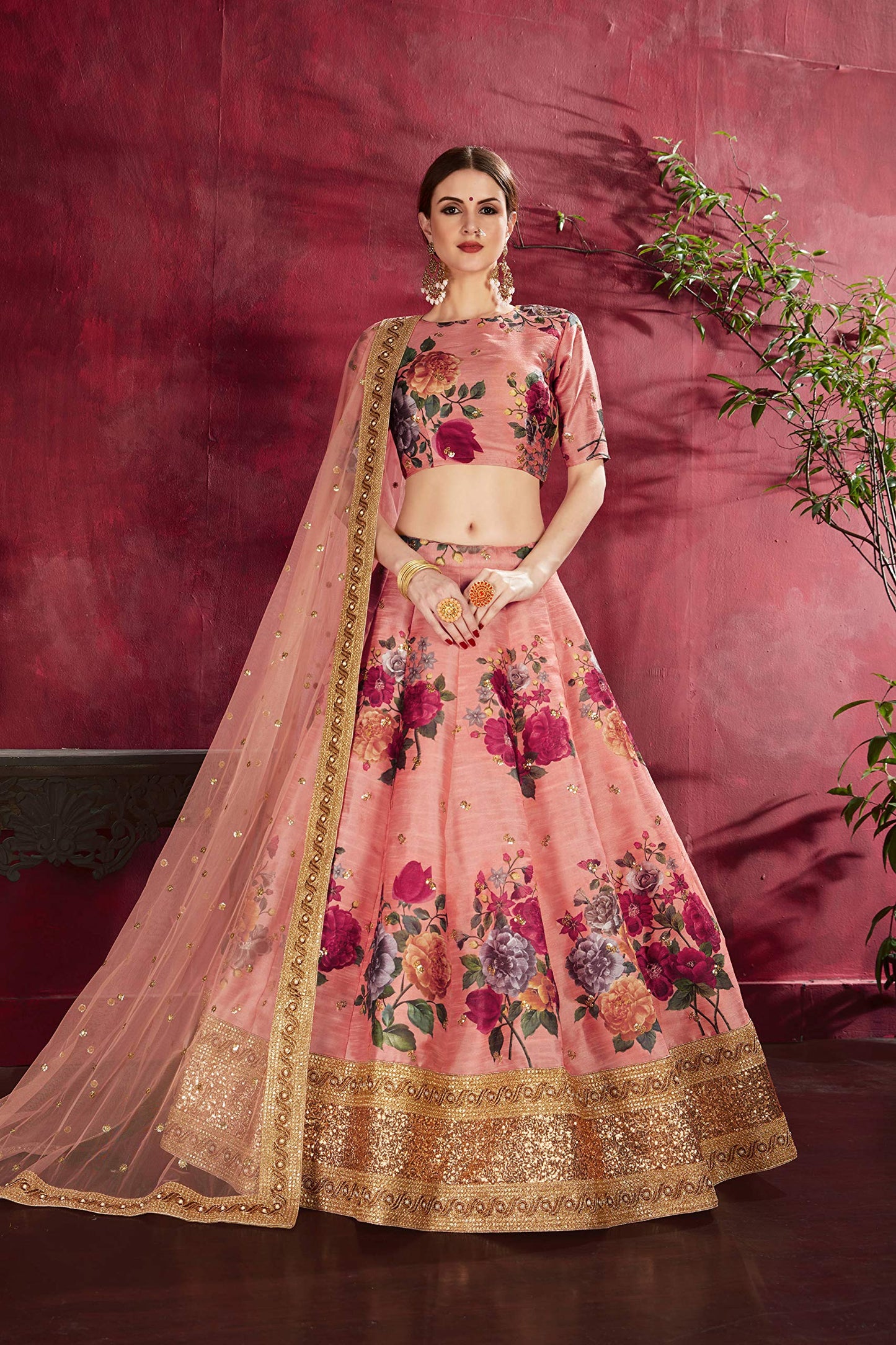 Zeel Clothing Women's Faux Silk Semi stitched Lehenga Choli (7019_Peach_Free Size)