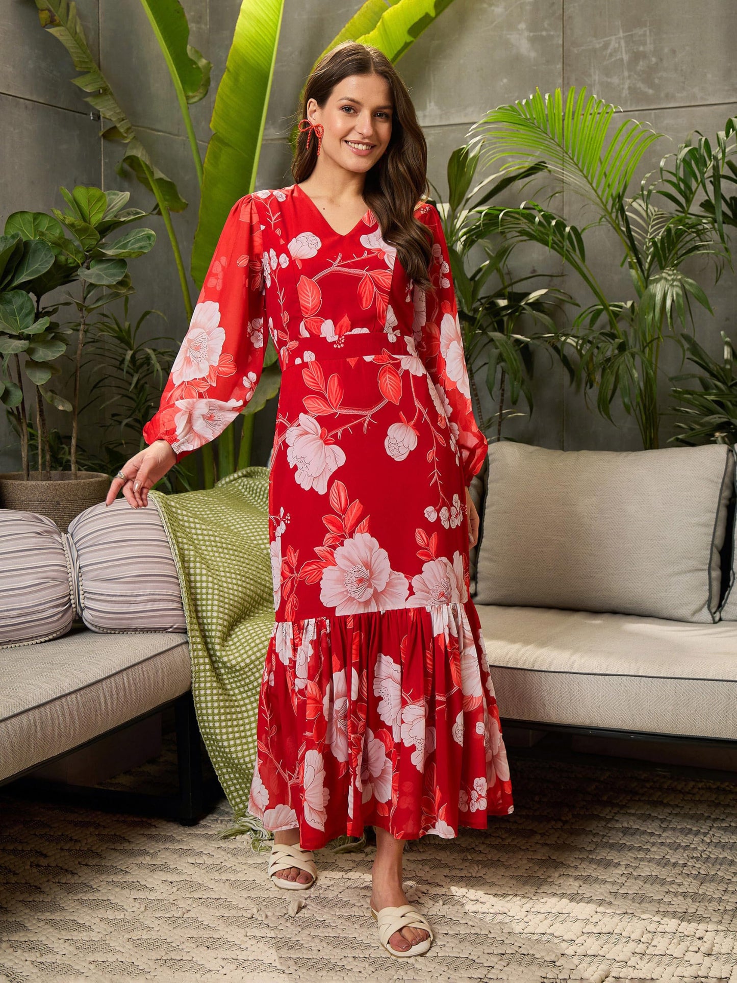 SASSAFRAS Red Floral Baloon Sleeve Midi Dress