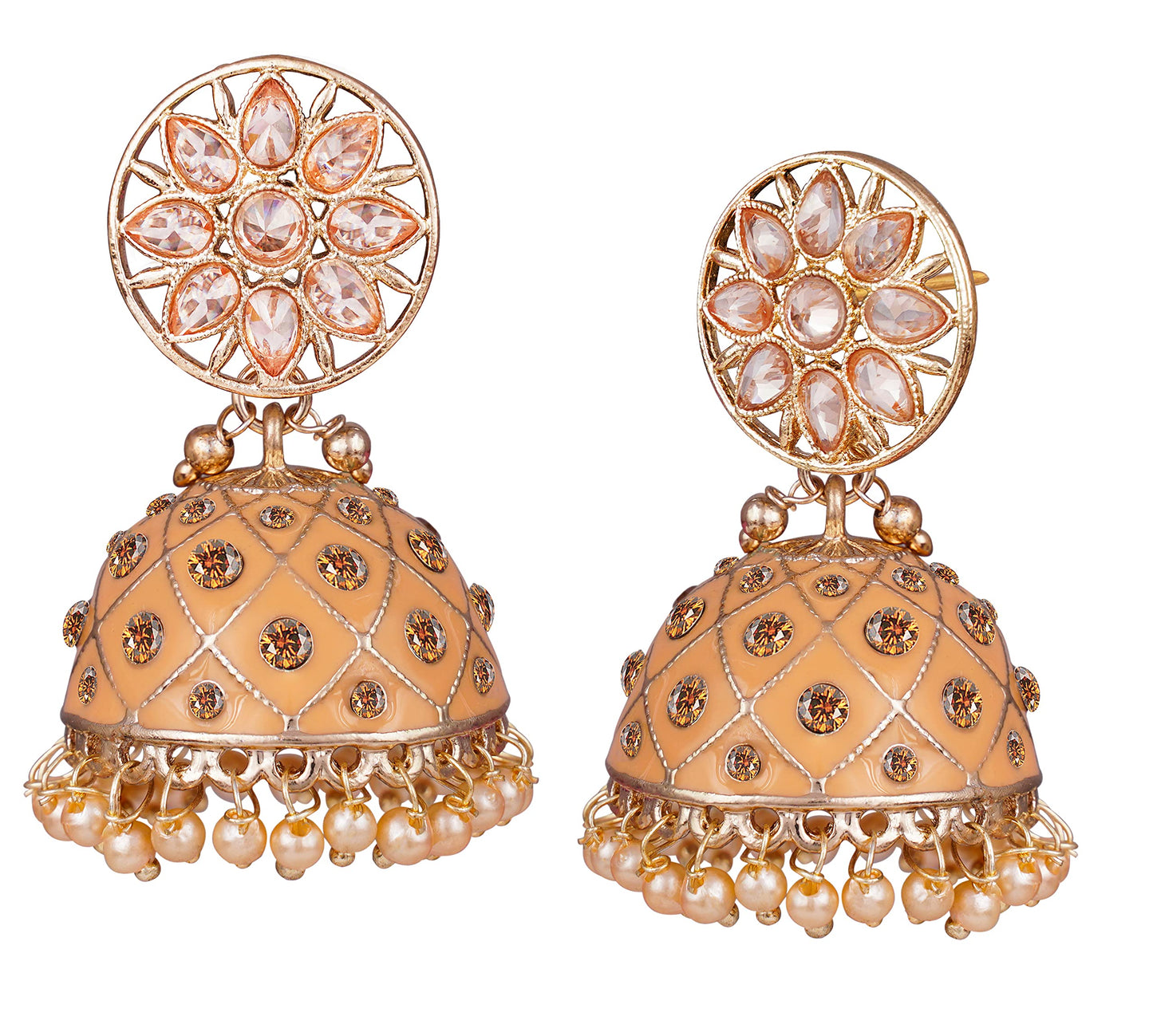 JFL - Jewellery for Less Traditional Stylish Handcrafted Enamel Cz LCD Polki Stone Pearl Hanging Ethnic Jhumki Earrings Jewellery for Women (Peach),Valentine