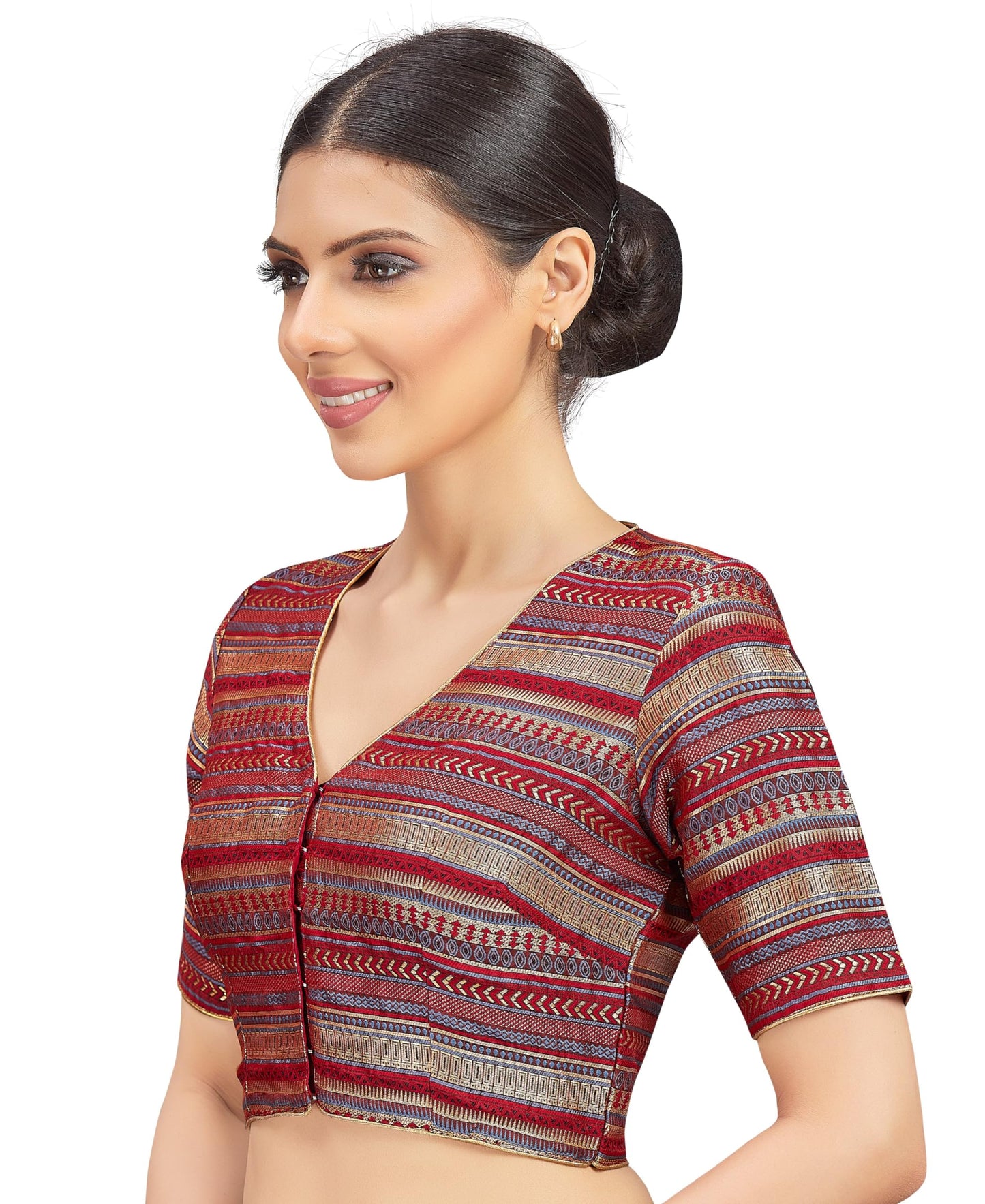 Studio Shringaar Women's Maroon Brocade Readymade Saree Regular Fit Elbow Length Sleeves Blouse (Maroon, 34)