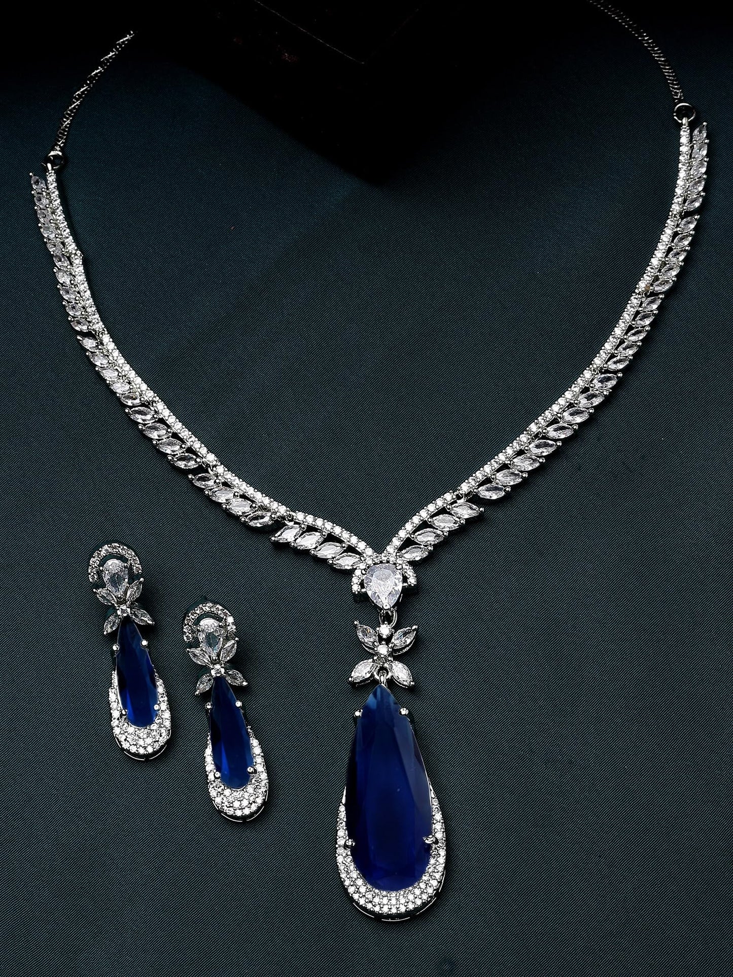 Karatcart Silver Tone Blue Drop Shape American Diamond Studded Jewellery Set for Women