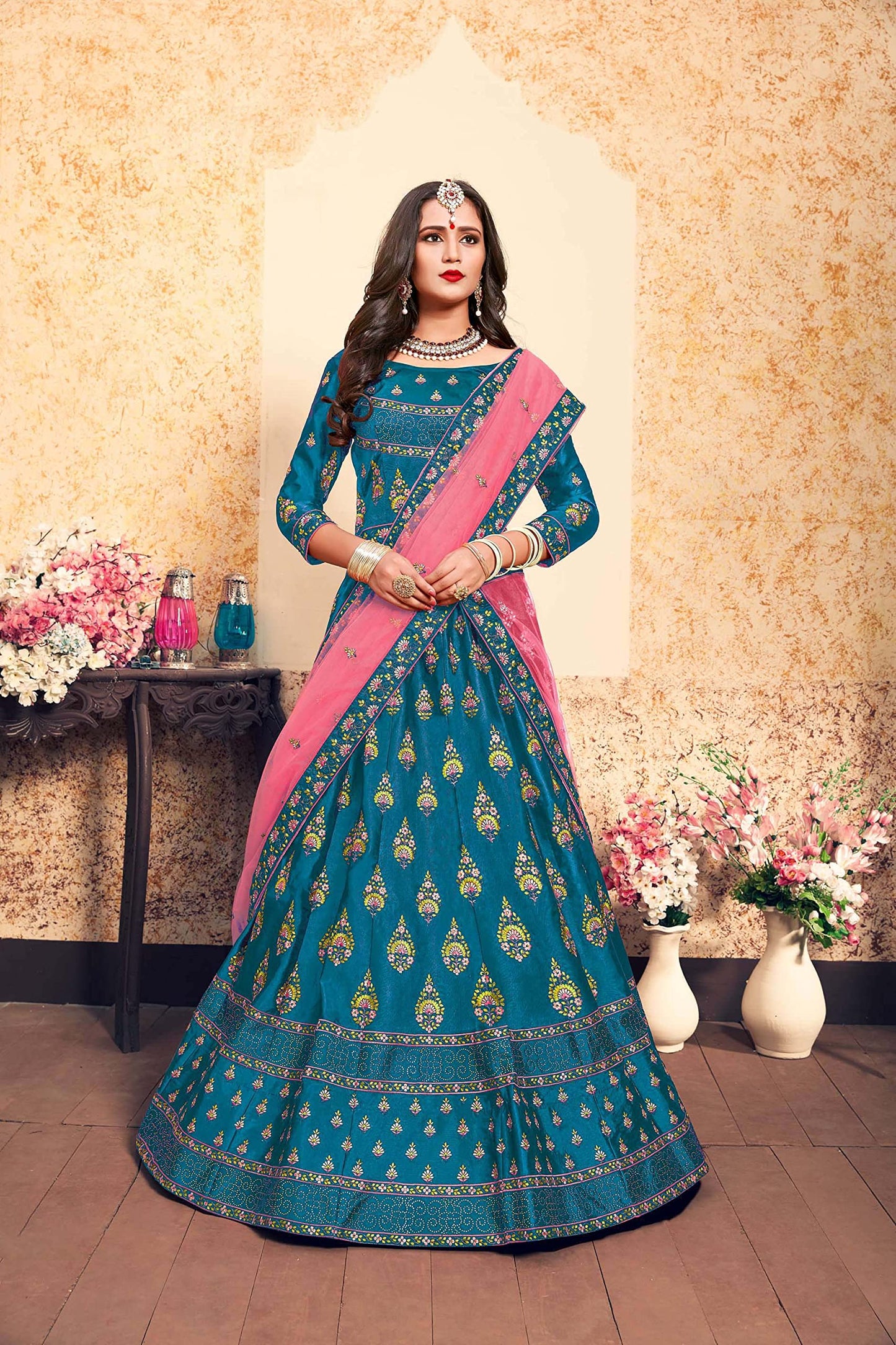 FUSIONIC Stylish Sky blue Satin base Lehenga Choli For Women