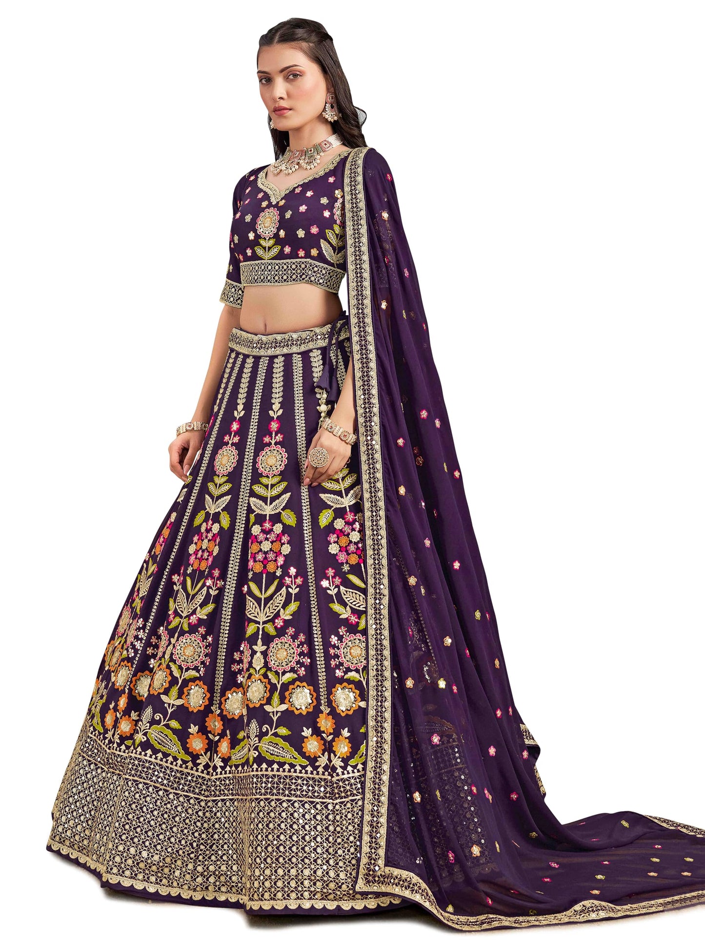 Zeel Clothing Women's Sequins Thread Embroidered Georgette Lehenga Choli With Dupatta (6008-Women-Lehenga-Choli-New; Free Size) (Purple)