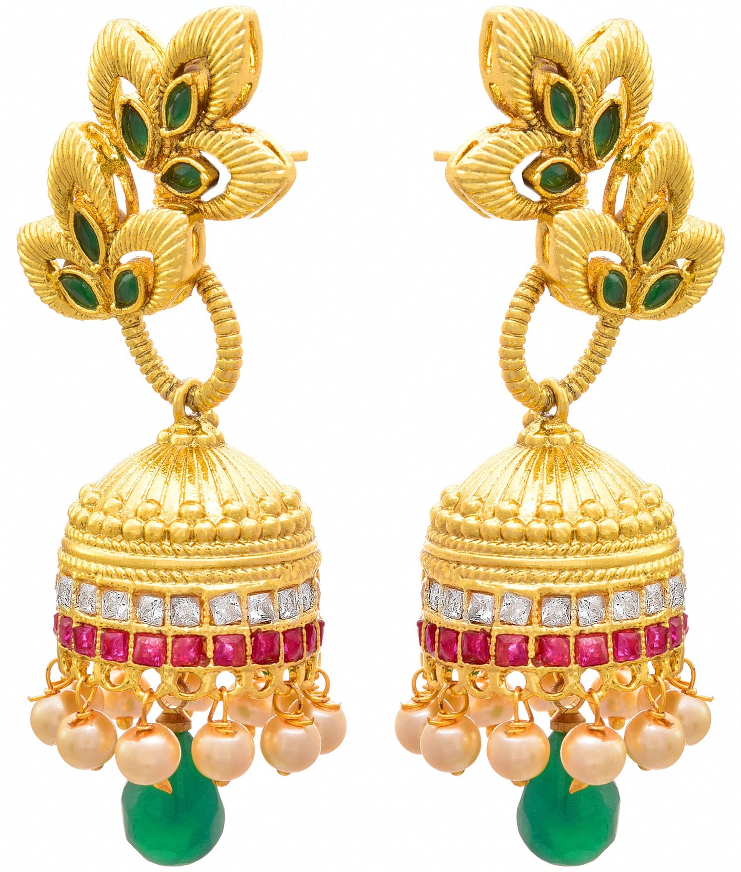 JFL - Traditional Ethnic One Gram Gold Plated Green & Red Stone CZ American Diamond Design Jhumki Earring for Women & Girls,Valentine