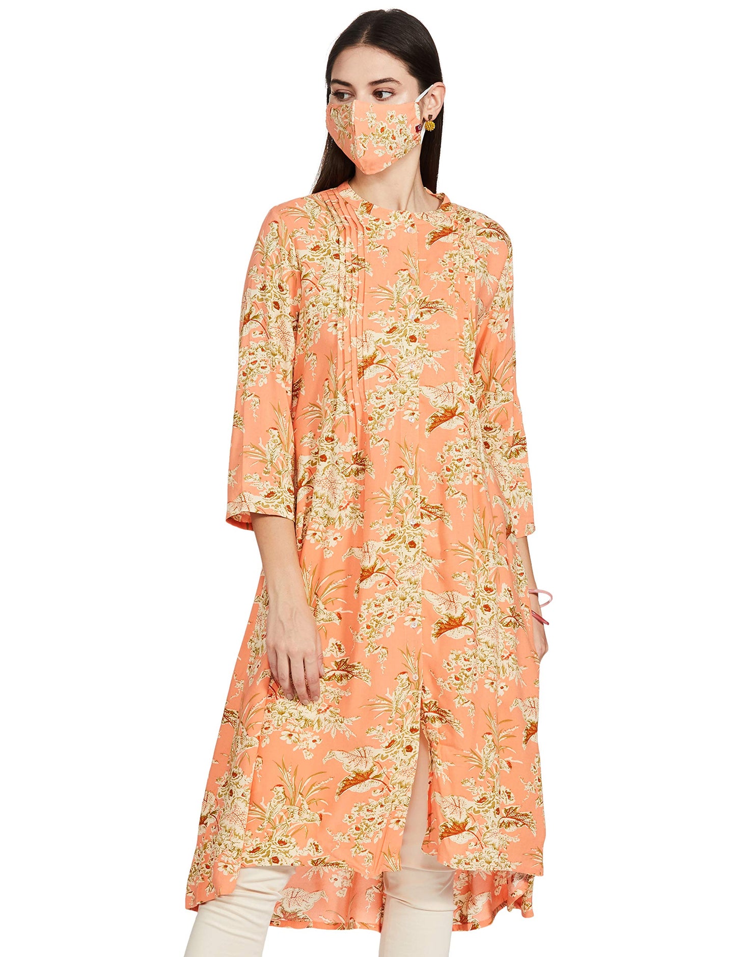 BIBA Women Rayon Printed Mix and Match A-Line Kurta (Chi16890_Peach_32)