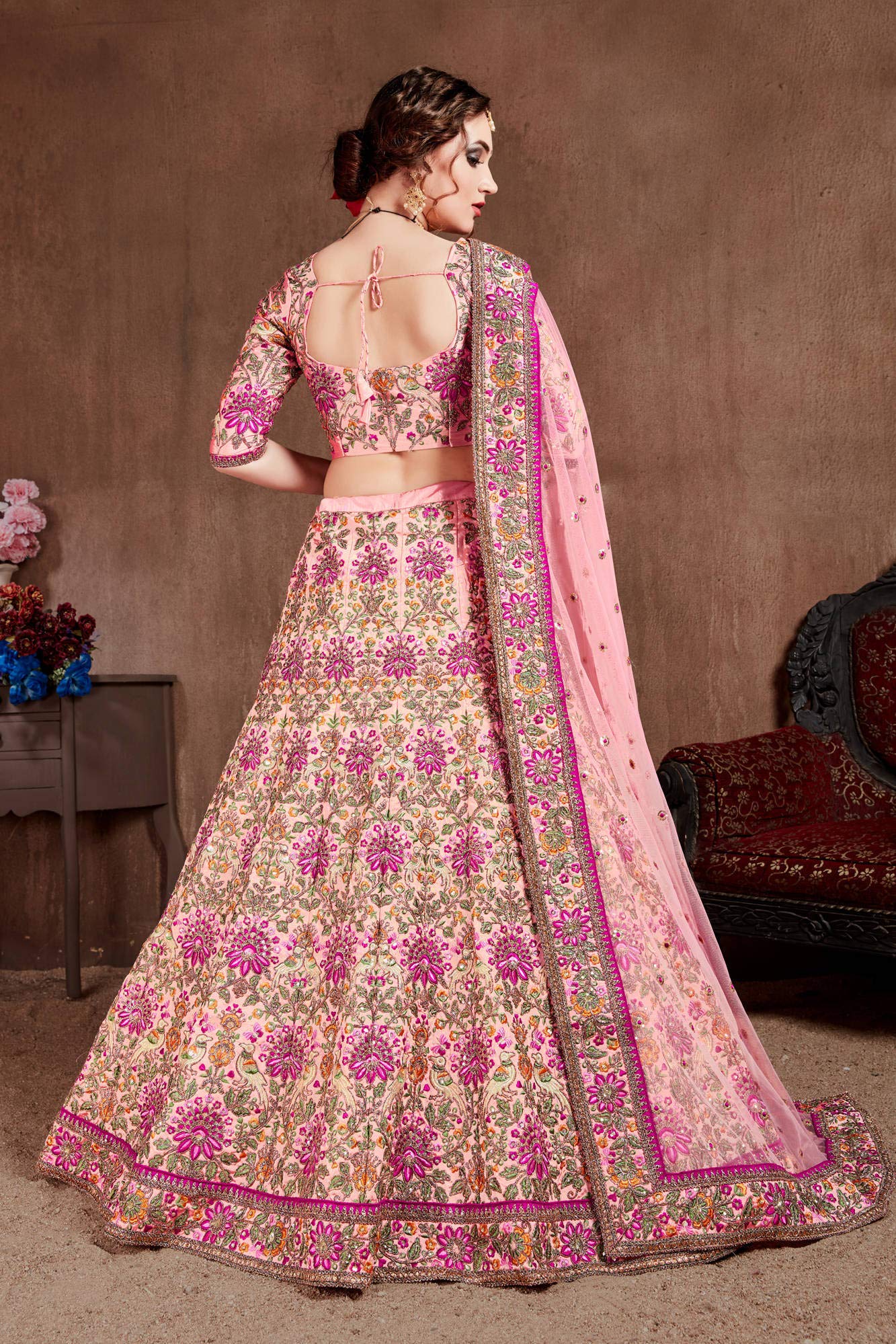 Zeel Clothing Women's Silk Semi stitched Lehenga Choli (7035-Peach-Wedding-Bridal-Heavy-Lehenga_Peach_Free Size)