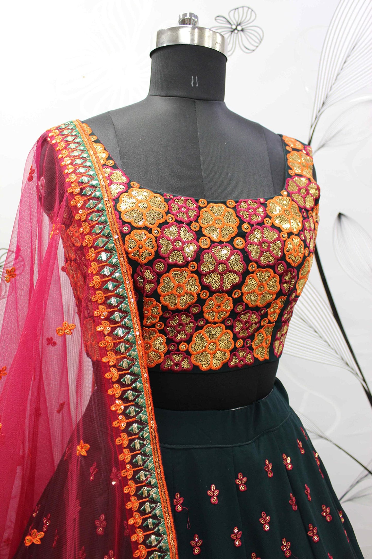 Divine International Trading Co Women's Georgette Embroidered Semi-Stitched Lehenga Choli with Dupatta (1944-Green-Wedding-Girlish-Latest-Lehenga; Free Size)