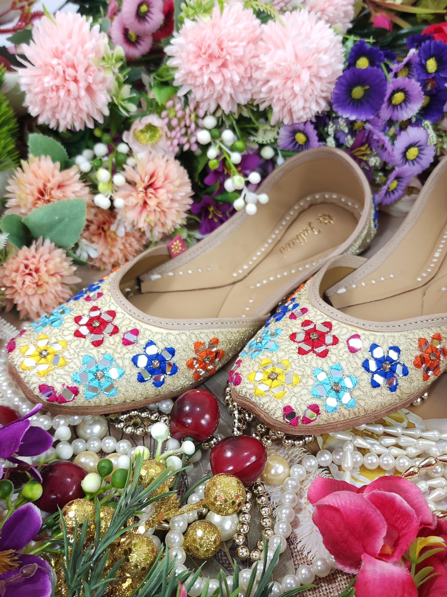 Fulkari Women Mirror Gold Multicolor Formal Genuine Soft Leather Jutis | Bite and Pinch Free Juttis | Punjabi Jutti | Girl's Wedding Flat Ladies Mojari Ethnic Juti |