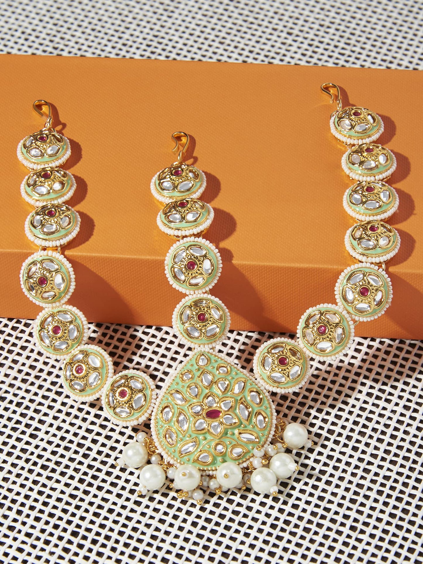 Zaveri Pearls Green Meenakari & Pink Kundan Bridal Floral MathaPatti For Women-ZPFK14450