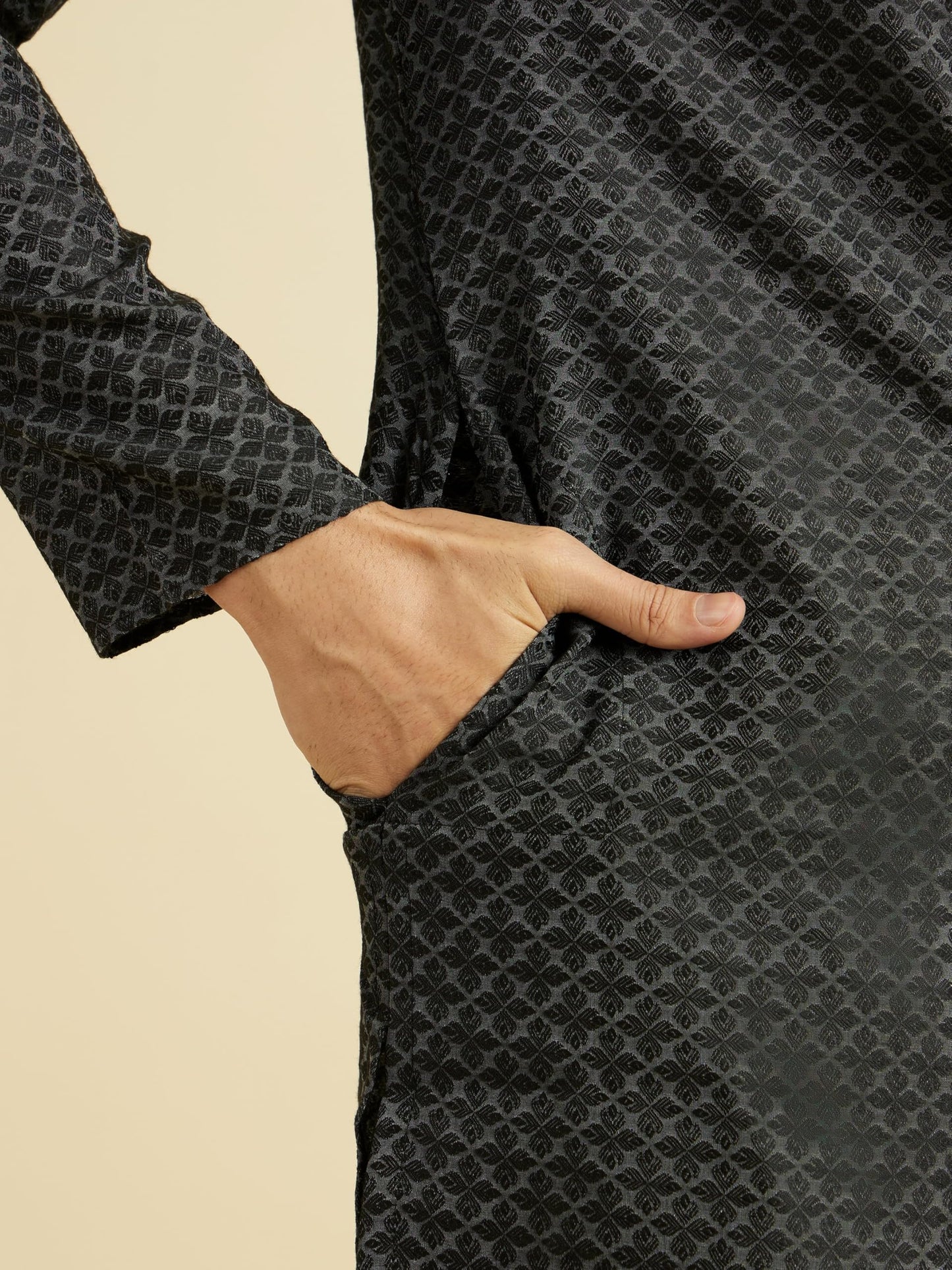 Manyavar Men's Viscose Blend Self Design Kurta Pyjama Set (Black,S)