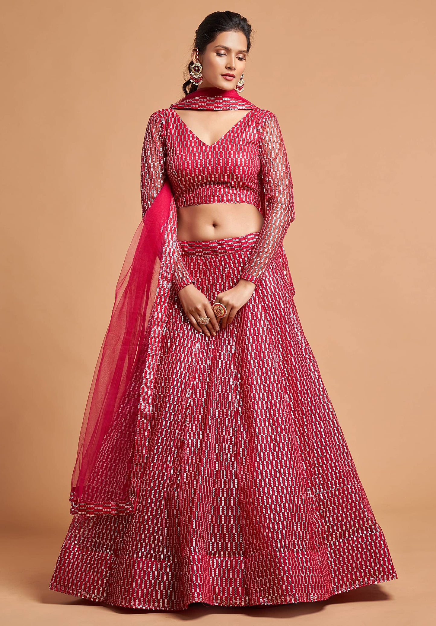 Zeel Clothing Women's Net Embroidered Semi-Stitched New Bridal Lehenga Choli with Dupatta (7310-Pink-Wedding-Girlish-Latest-Lehenga; Free Size)