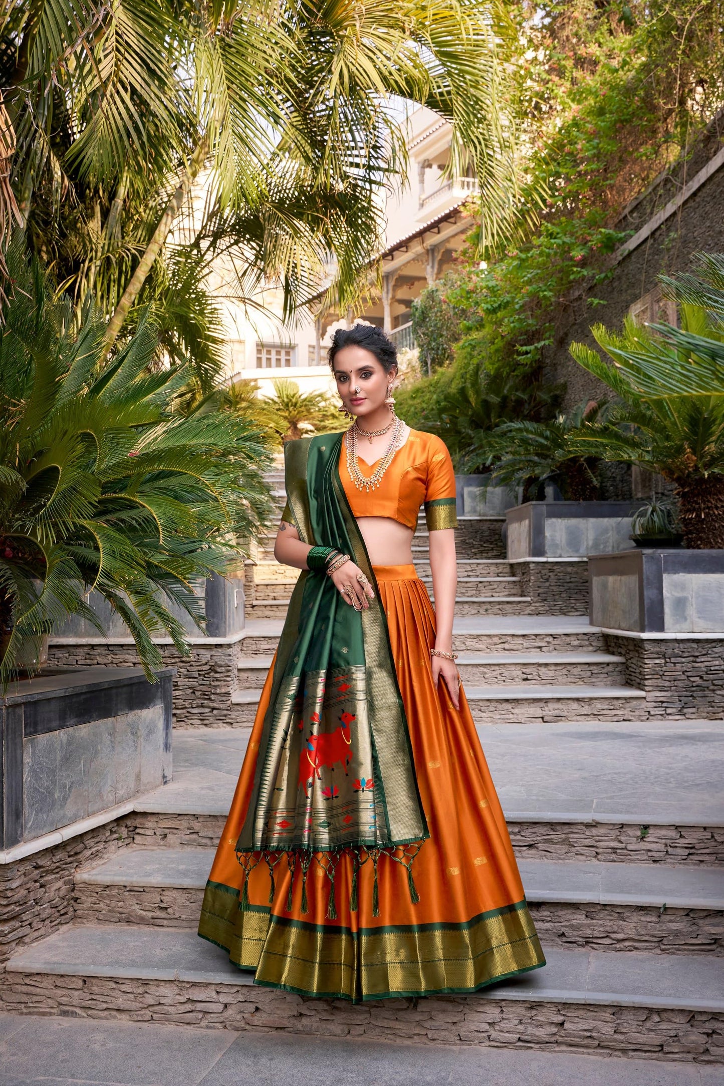 NONITA FASHION Orange Paithani Silk Lehenga Choli with Rich Zari Work (Orange, Large)