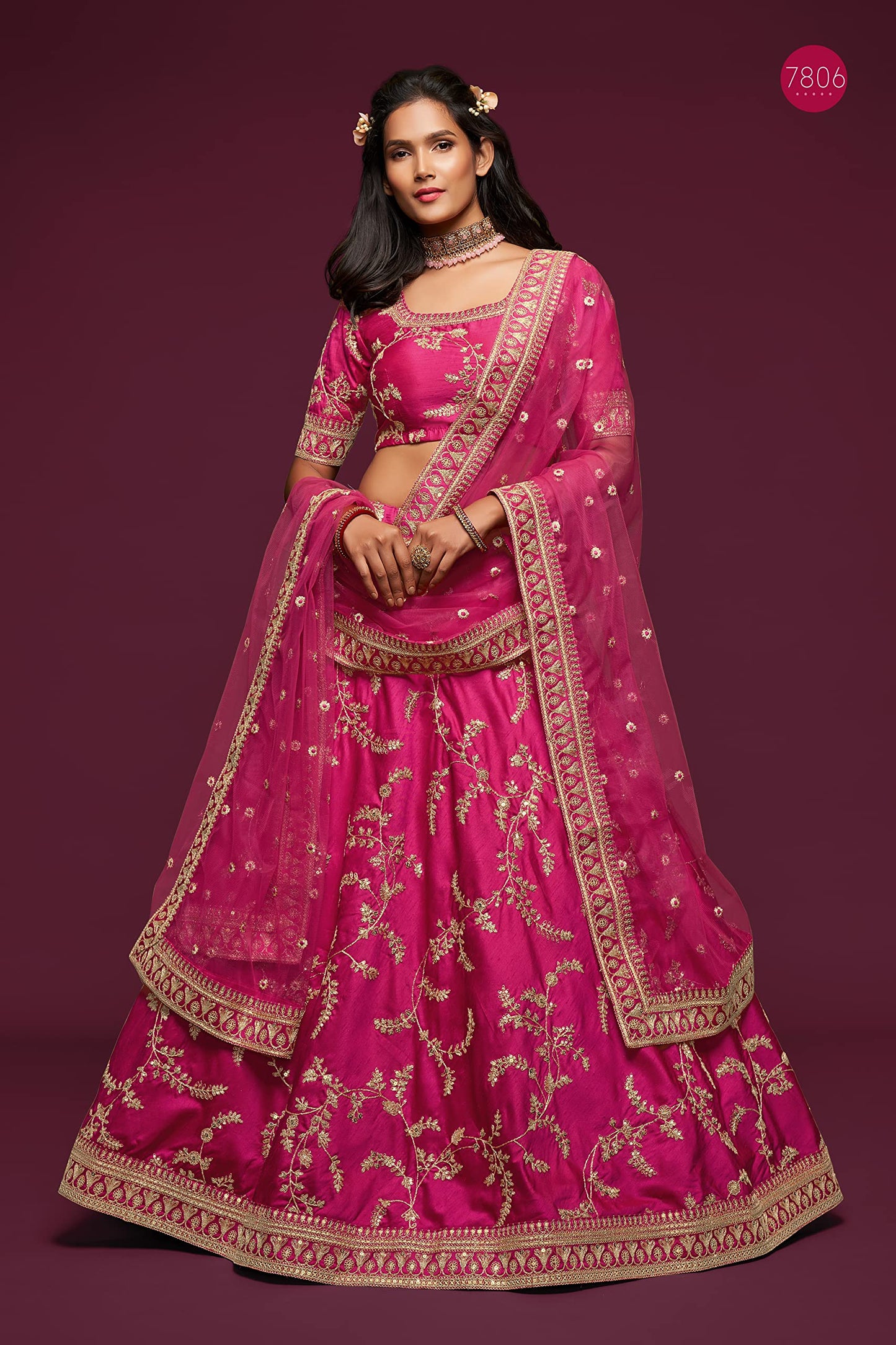 Zeel Clothing Women's Art Silk Semi-Stitched Lehenga Choli with Dupatta (7806-Pink-Wedding-Bridal-Latest-Lehenga; Free Size) (Pink)