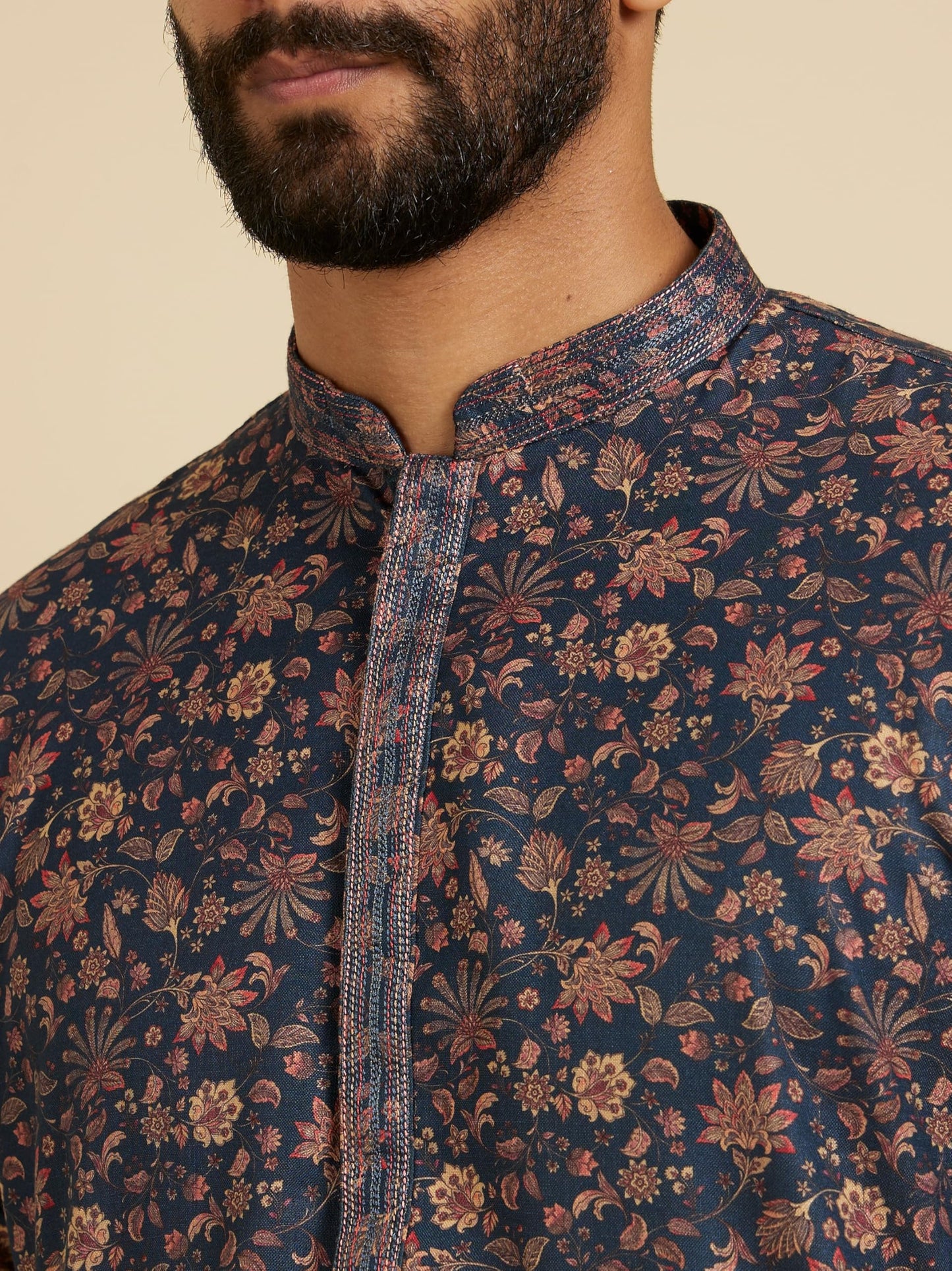 Manyavar Men's Viscose Blend Floral Print Kurta Pyjama Set (Blue,2XL)