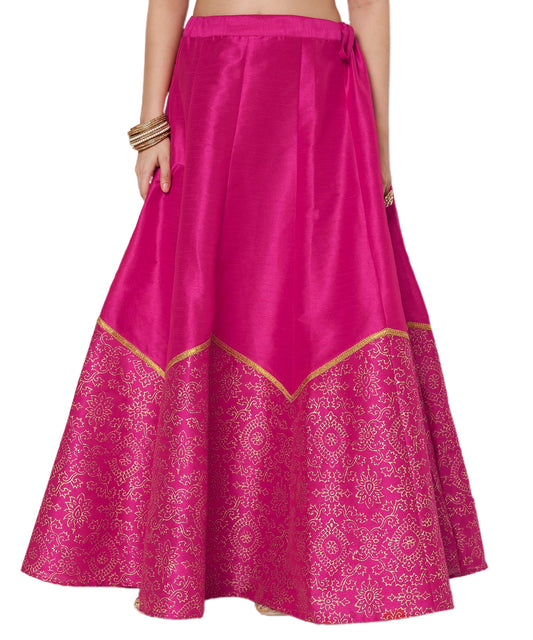 studio rasa Women's Dupion Block Printed Half and Half Kalidaar Skirt Wedding Festive Party (SKTC72514L_Pink_Large)