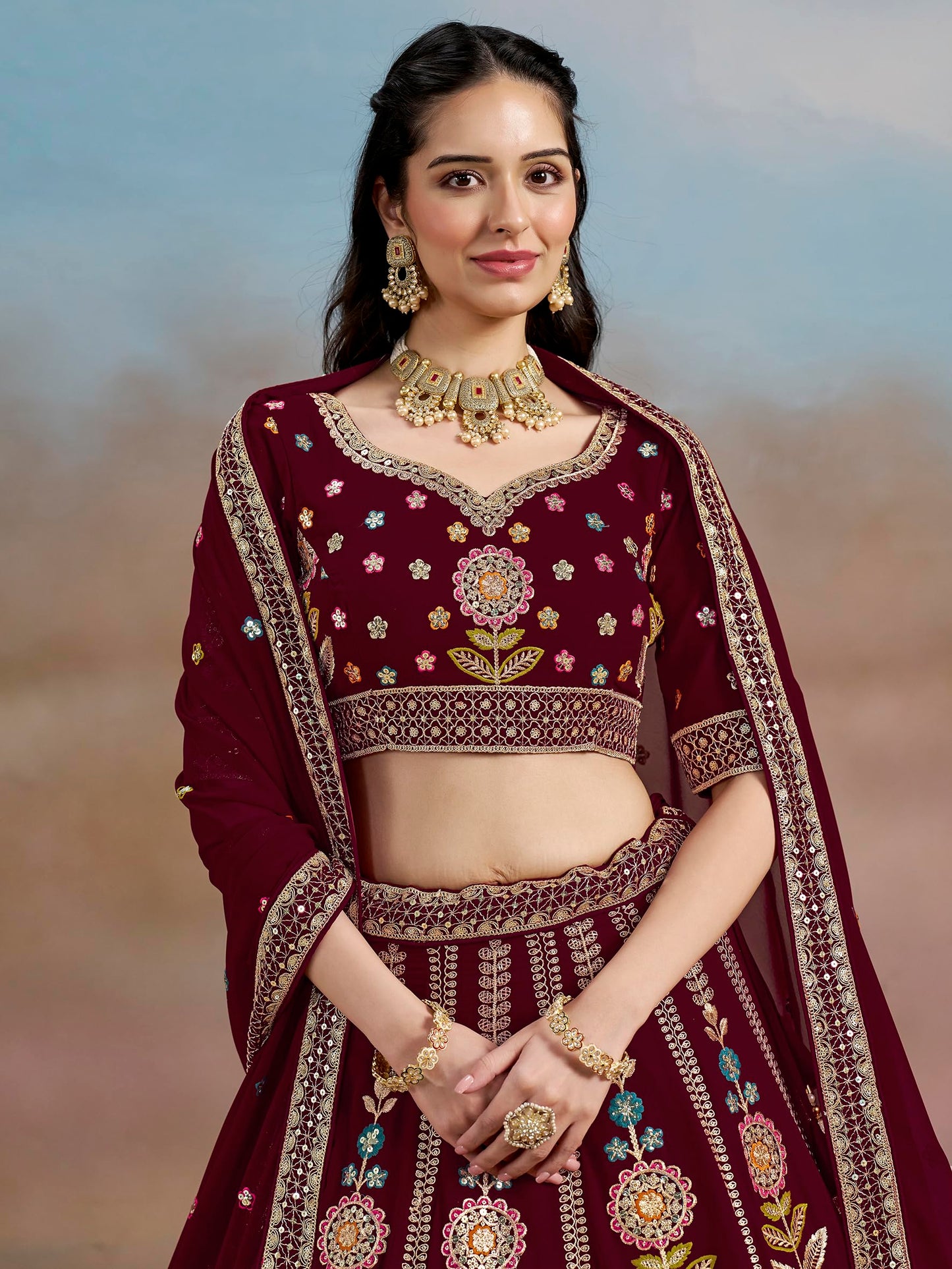 Zeel Clothing Women's Sequins Thread Embroidered Georgette Lehenga Choli With Dupatta (6008-Maroon-Women-Lehenga-Choli-New; Free Size)(Maroon)