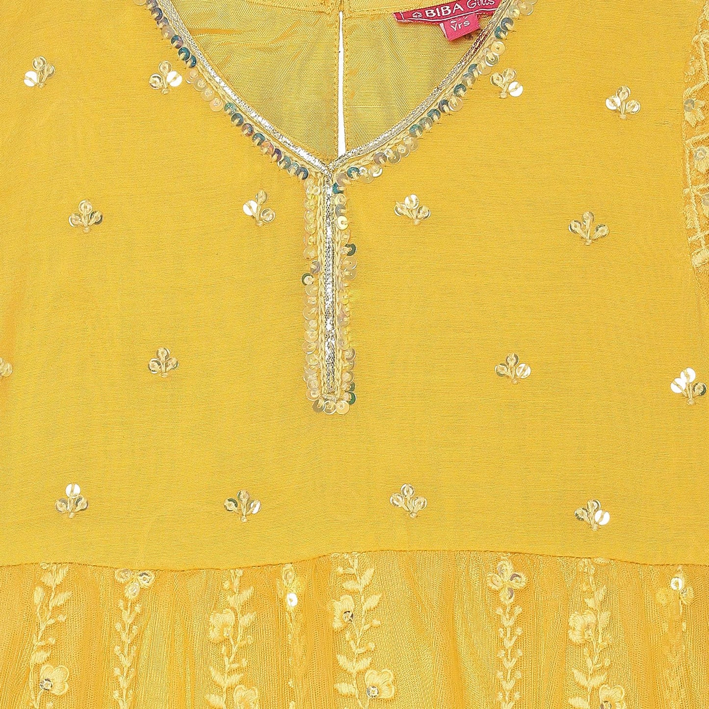 BIBA Girl Polyester Blend Embroidery Gathered Kid Salwar Suit Set (Kw5367_Yellow_15)