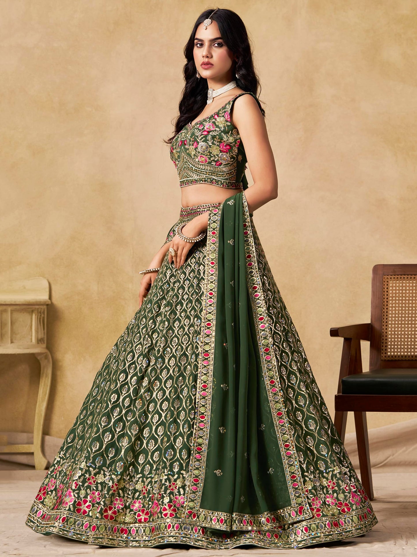 Zeel Clothing Women's Sequins and Thread Embroidered Work Georgette Lehenga Choli With Dupatta (5134-Women-Lehenga-Choli-Latest; Free size) (Green)