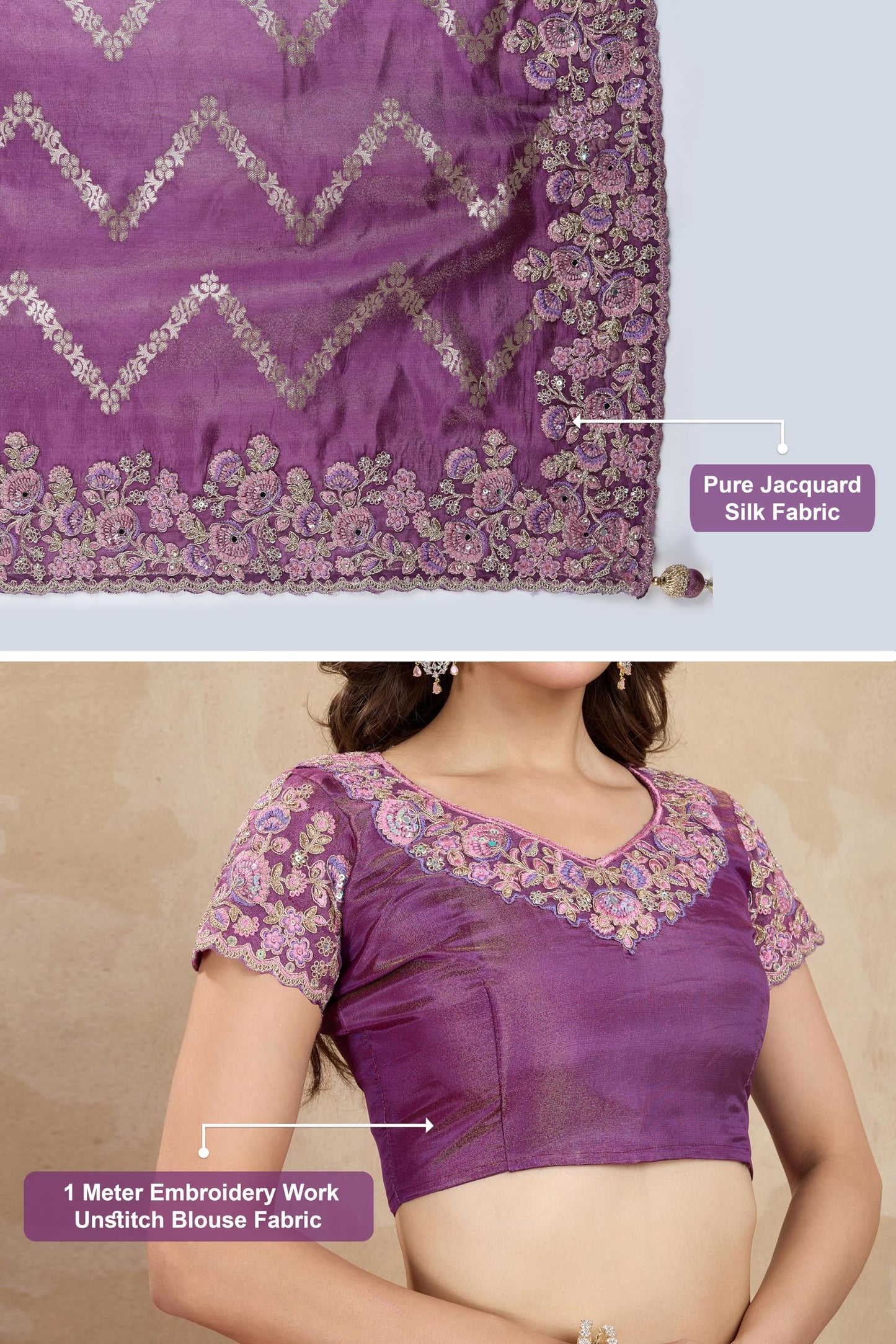 TRENDMALLS Women's Jacquard Silk Embroidery Saree with Unstitched Blouse Piece (K1172-Purple)