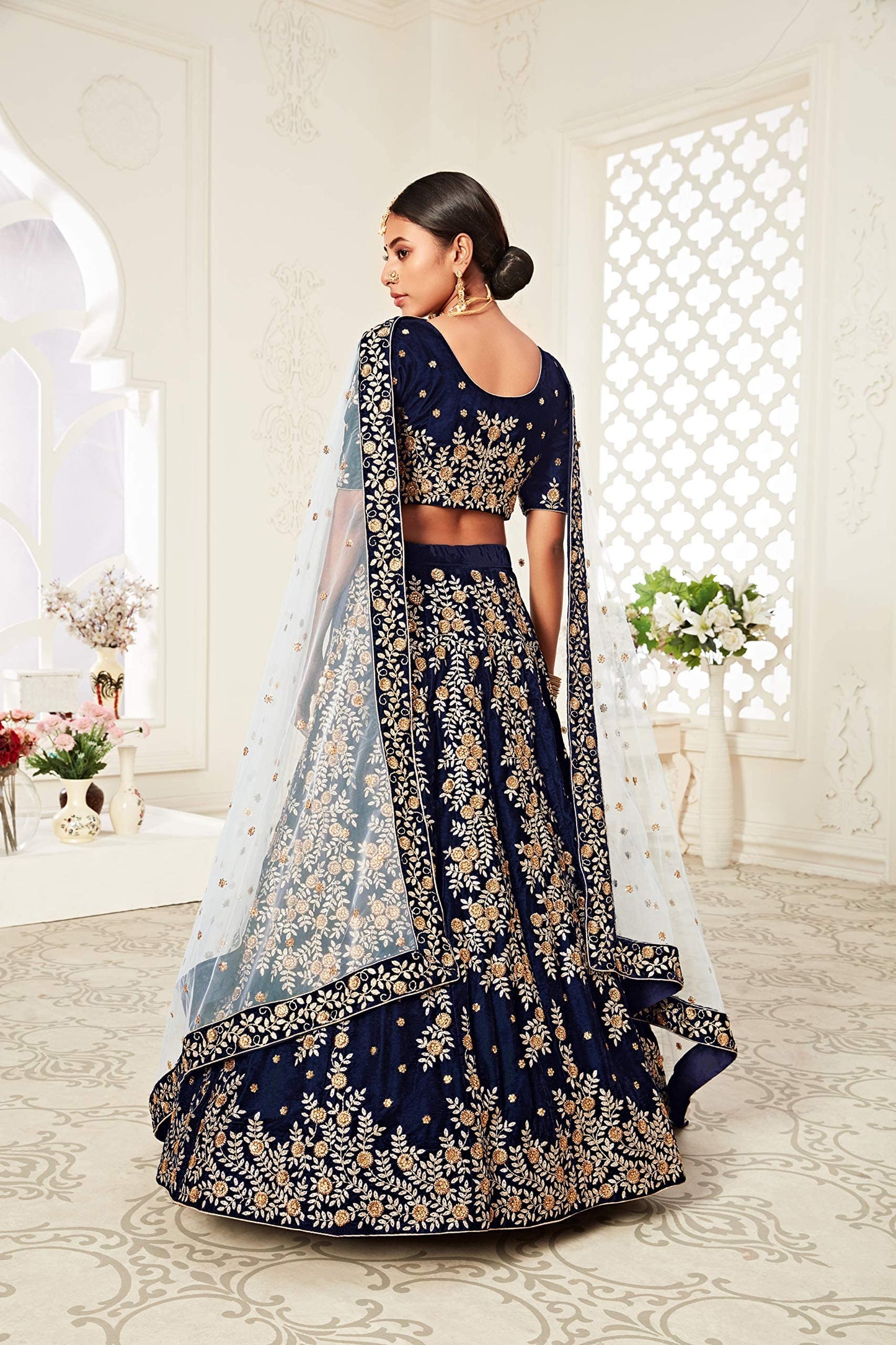 Zeel Clothing Women's Navy Blue Zari and Diamond Work Velvet Semi-Stitched Lehenga Choli (7707-Wedding-Bridal-New-Lehenga_Blue_Free Size)