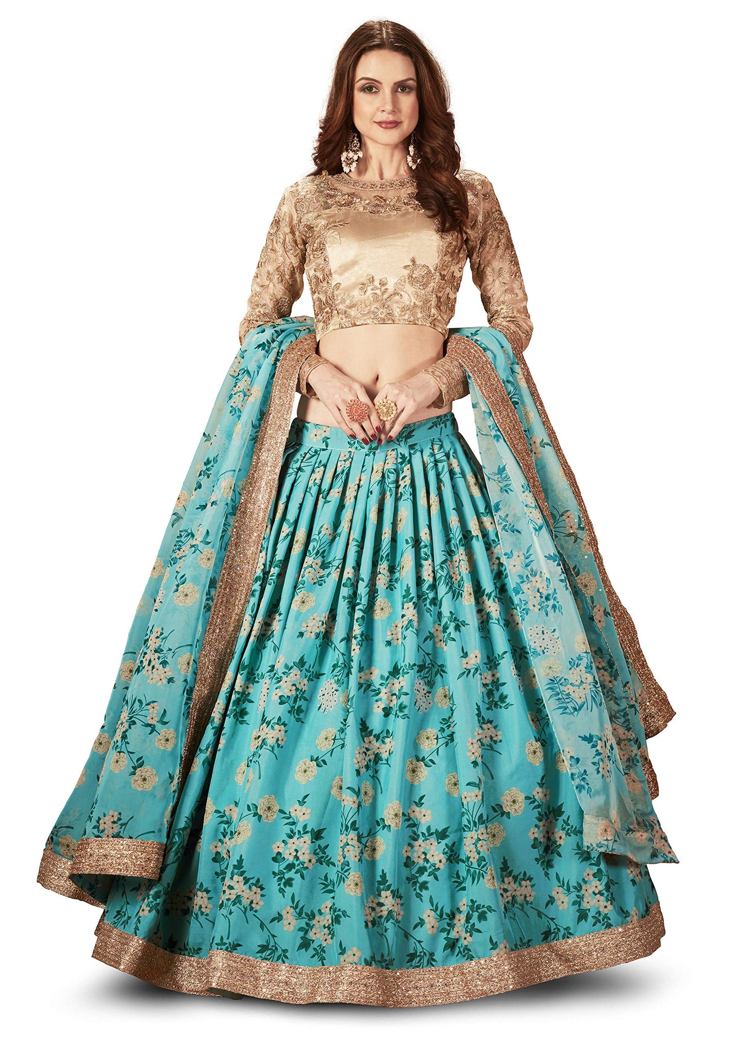 Zeel Clothing Women's Organza Dress Material Semi Stitched Lehenga Choli (7027-Blue-Wedding-Floral-Lehenga_Sky Blue_Free Size), Customizable Length