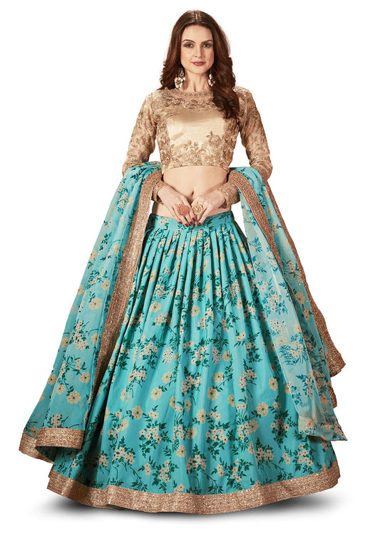 Zeel Clothing Women's Organza Dress Material Semi Stitched Lehenga Choli (7027-Blue-Wedding-Floral-Lehenga_Sky Blue_Free Size), Customizable Length