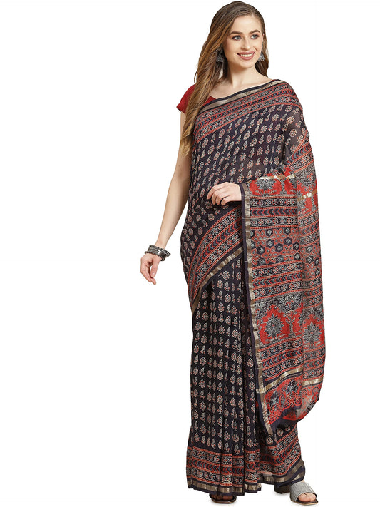 Aditri Women's Handloom Ajrakh on Chanderi Silk Saree with Running Blouse (Multicolored)