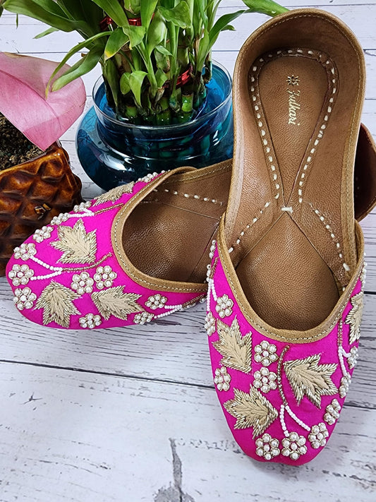 Fulkari Women Palm Leaf Gold Soft Embroidered Jutis | Bite and Pinch Free Jutti | Punjabi Formal Juttis | Girl's Wedding Flat Ladies Mojari | Formal Ethnic Juti |