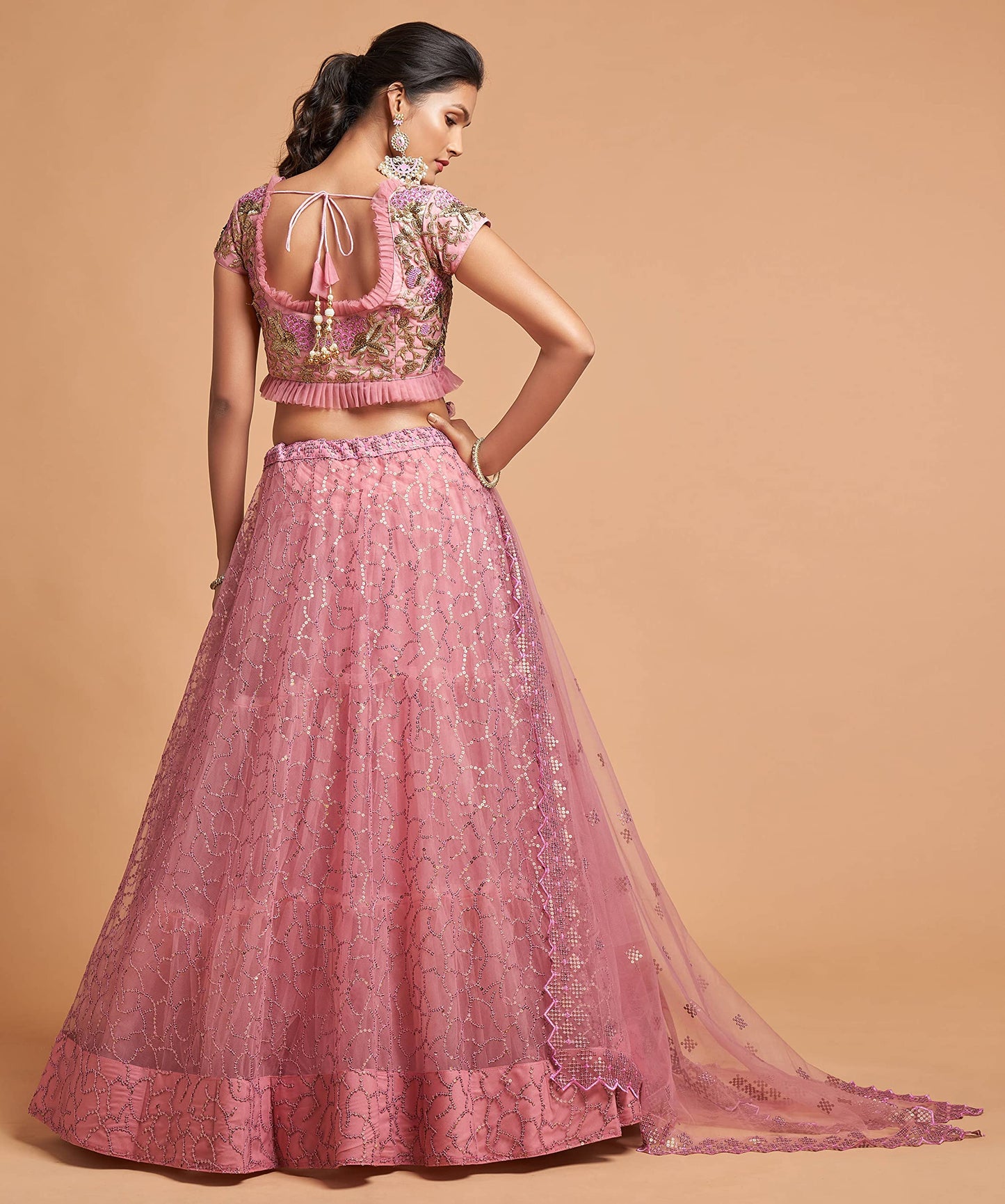 Zeel Clothing Women's Net Embroidered Semi-Stitched Bridal New Lehenga Choli with Dupatta (7313-Pink-Wedding-Girlish-Latest-Lehenga; Free Size)
