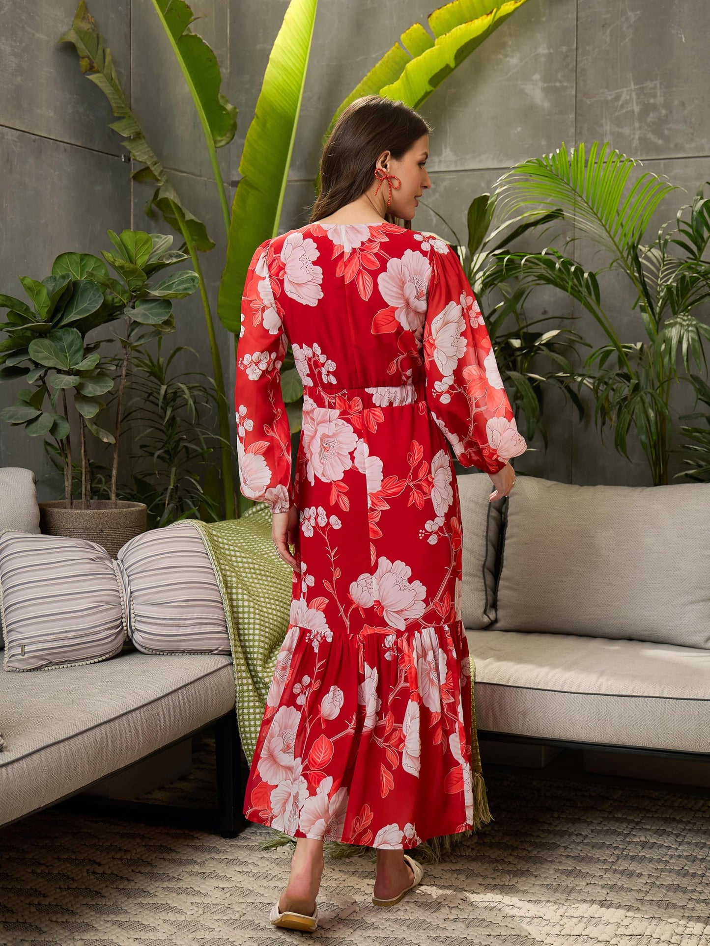 SASSAFRAS Red Floral Baloon Sleeve Midi Dress