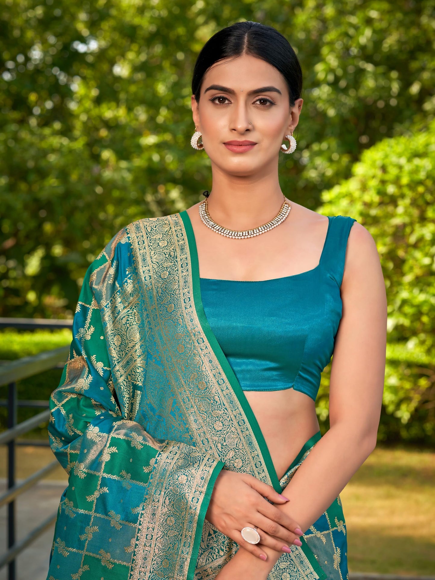 MANOHARI Women's Most Trendy Banarasi Satin Silk Woven Turquiose Blue Saree With Heavy Jacquard Work Saree With Blouse Piece_MN2051