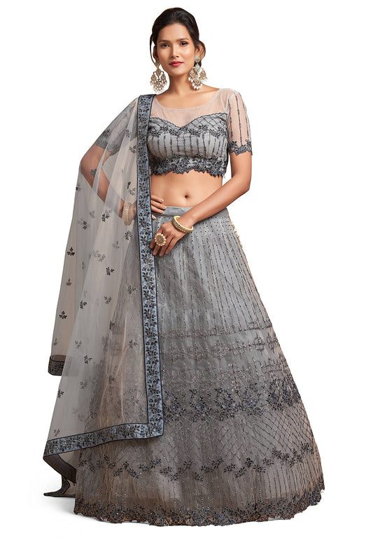 Zeel Clothing Women's Net Embroidered Semi-Stitched Bridal New Lehenga Choli with Dupatta (7312-Grey-Wedding-Girlish-Latest-Lehenga; Free Size)