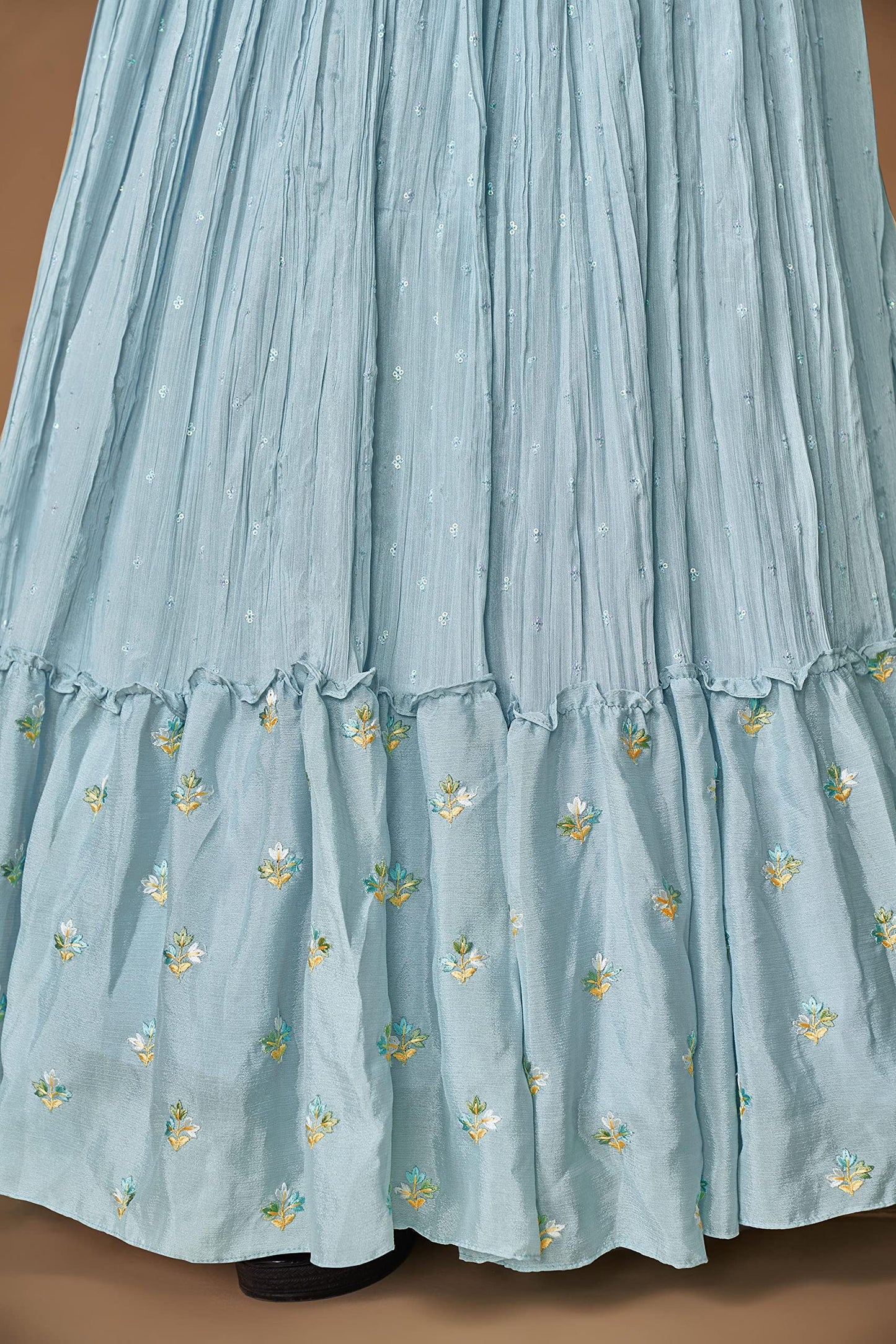 FUSIONIC Sequins With Pearl Powder Blue Ruffle Lehenga