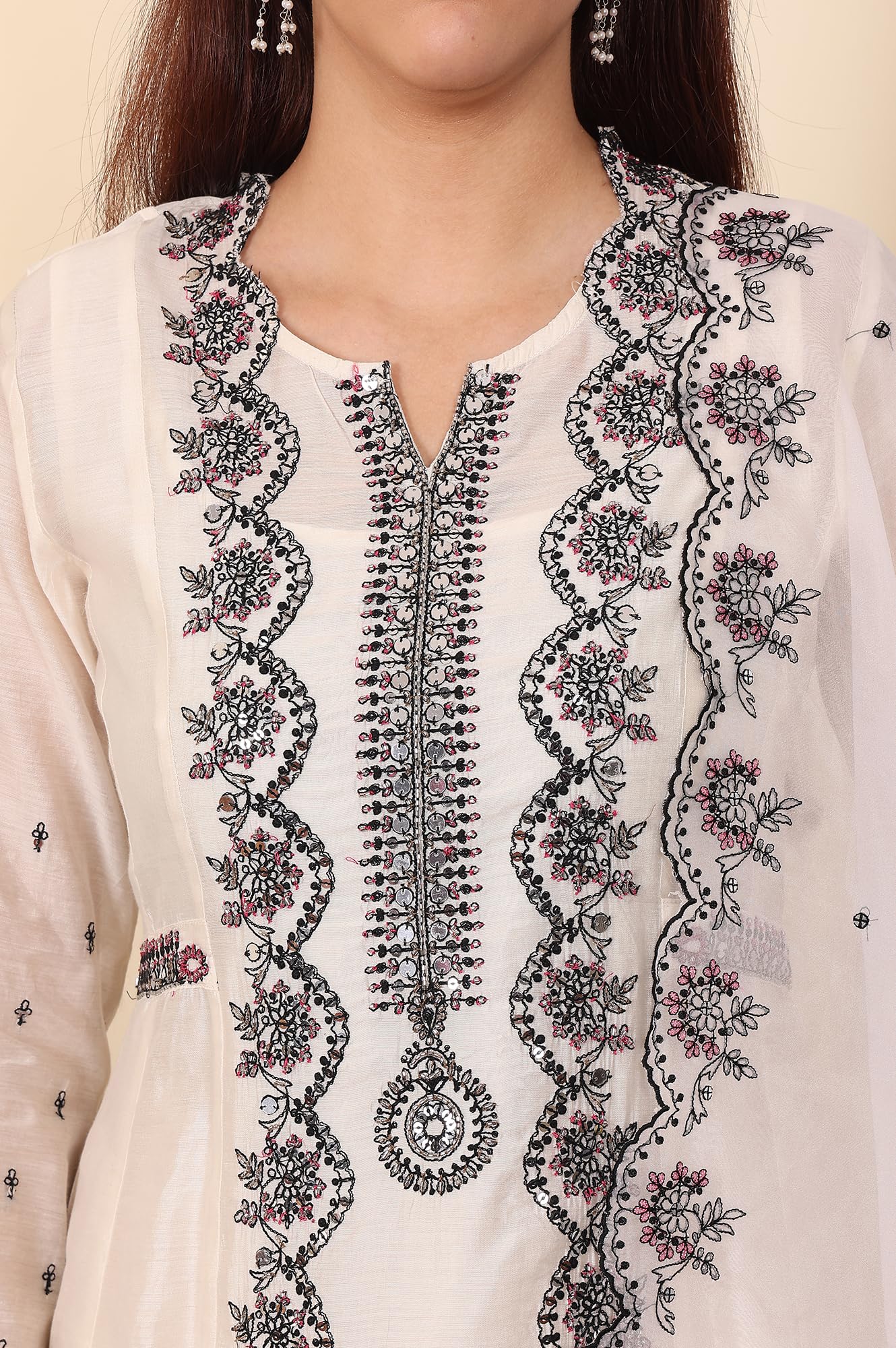 W for Woman Wishful White Chanderi Mock Panelled Embroidered Flared Kurta, Straight Pants and Dupatta Set (Size: XXL)-24FESP10672-221349