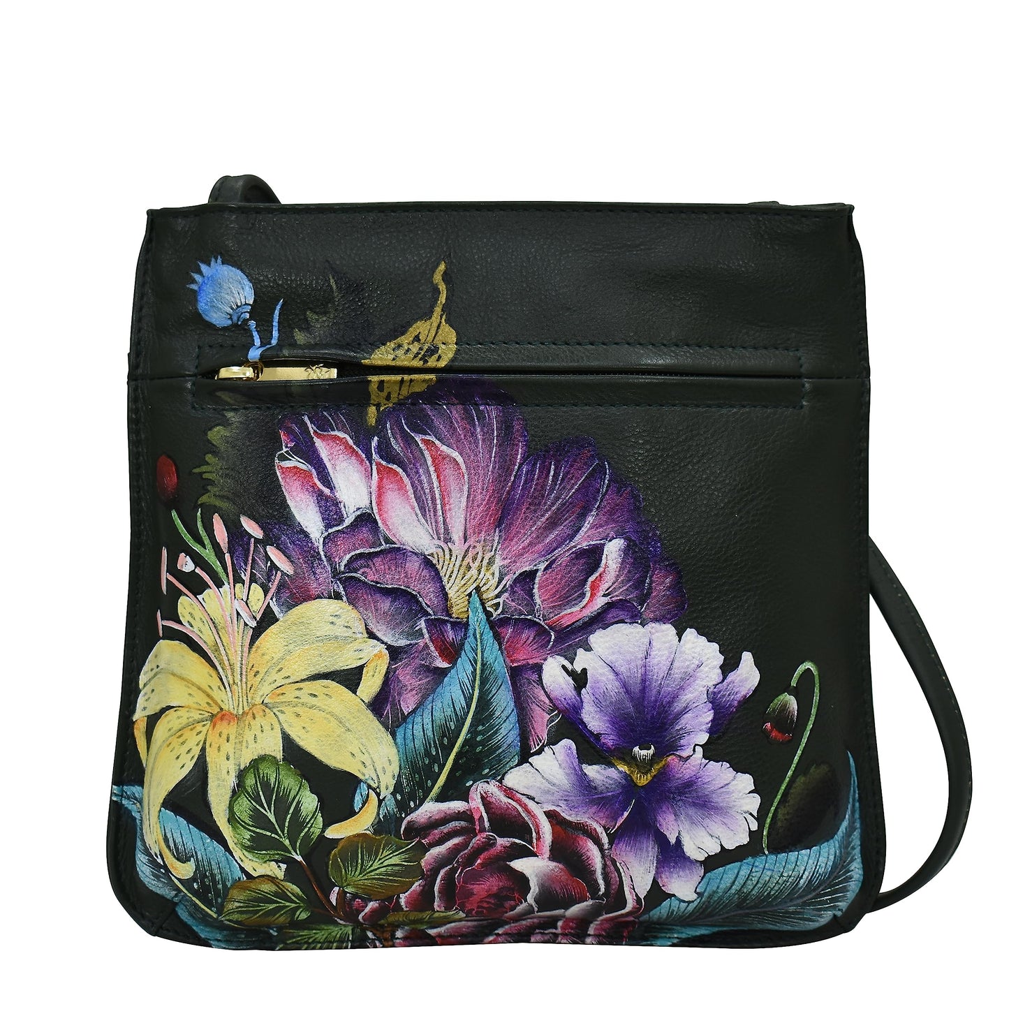 Anuschka Women’s Hand-Painted Genuine Leather Slim Crossbody with Front Zip - Vintage Floral