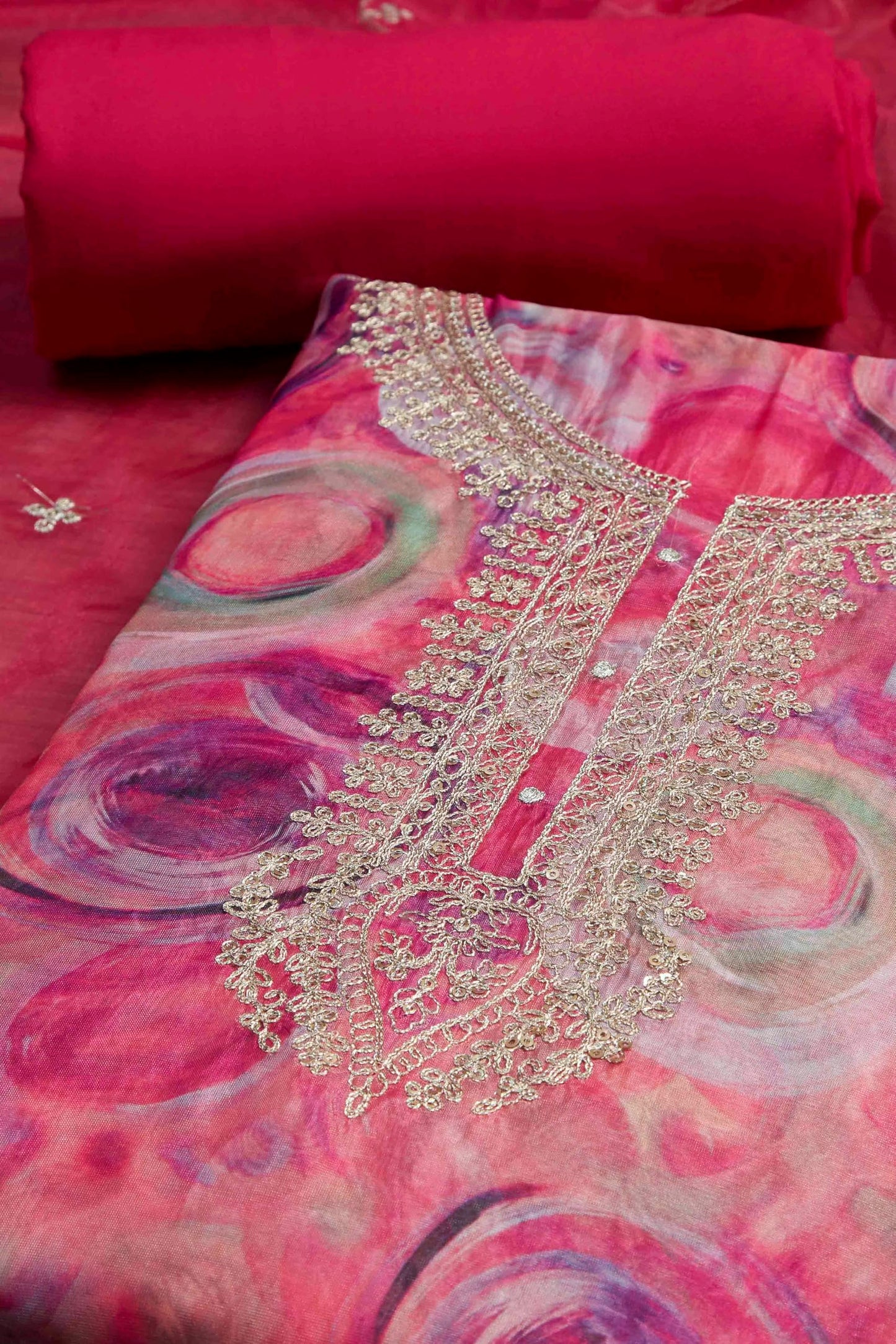 Biba Women Pink Organza Rajasthani Print Unstitched Suit Set_FREE SIZE
