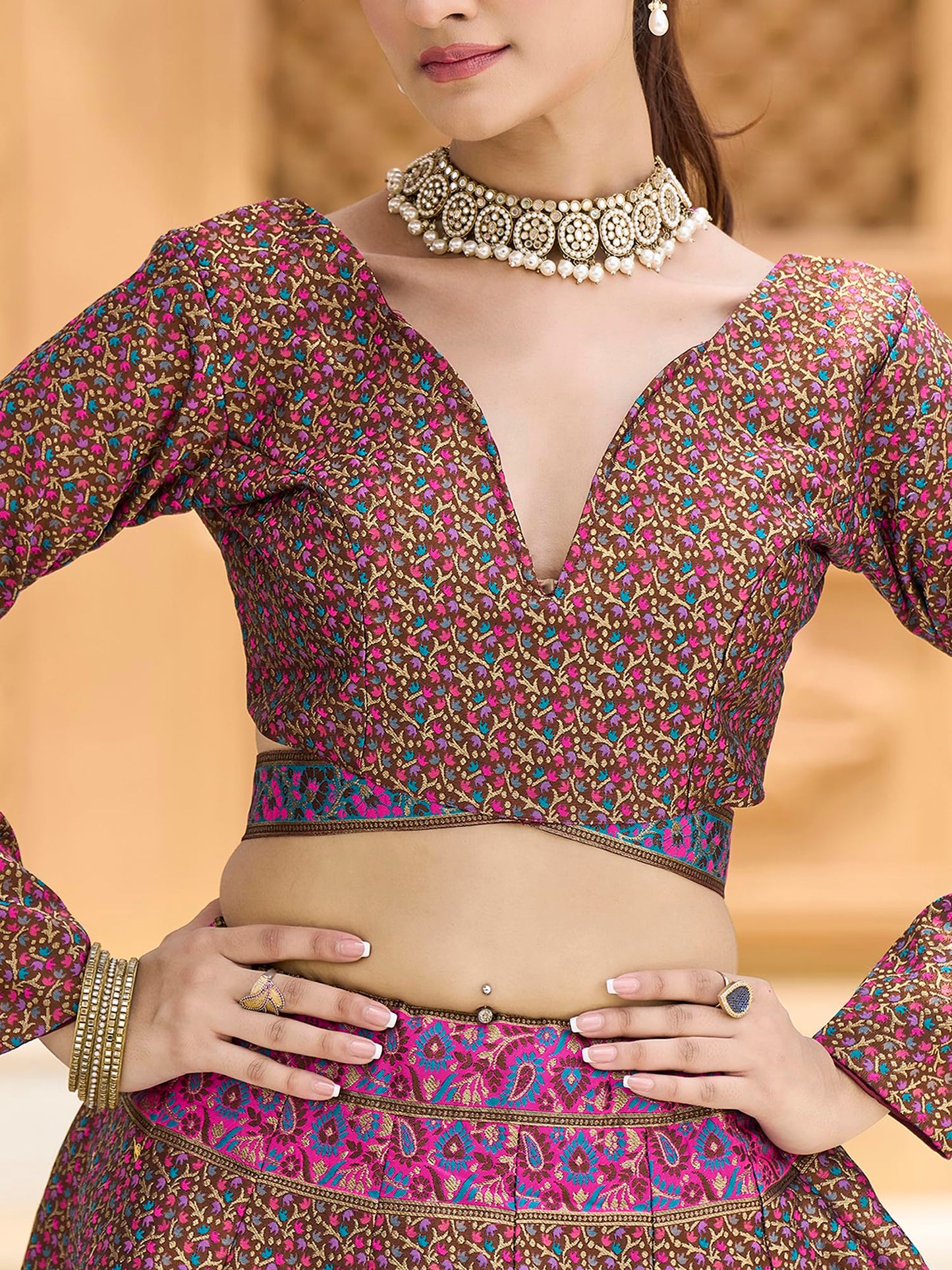 PURVAJA Women's Kanjiwaram Semi-Stitched Lehenga choli (Zahira-Brown_Free Size)