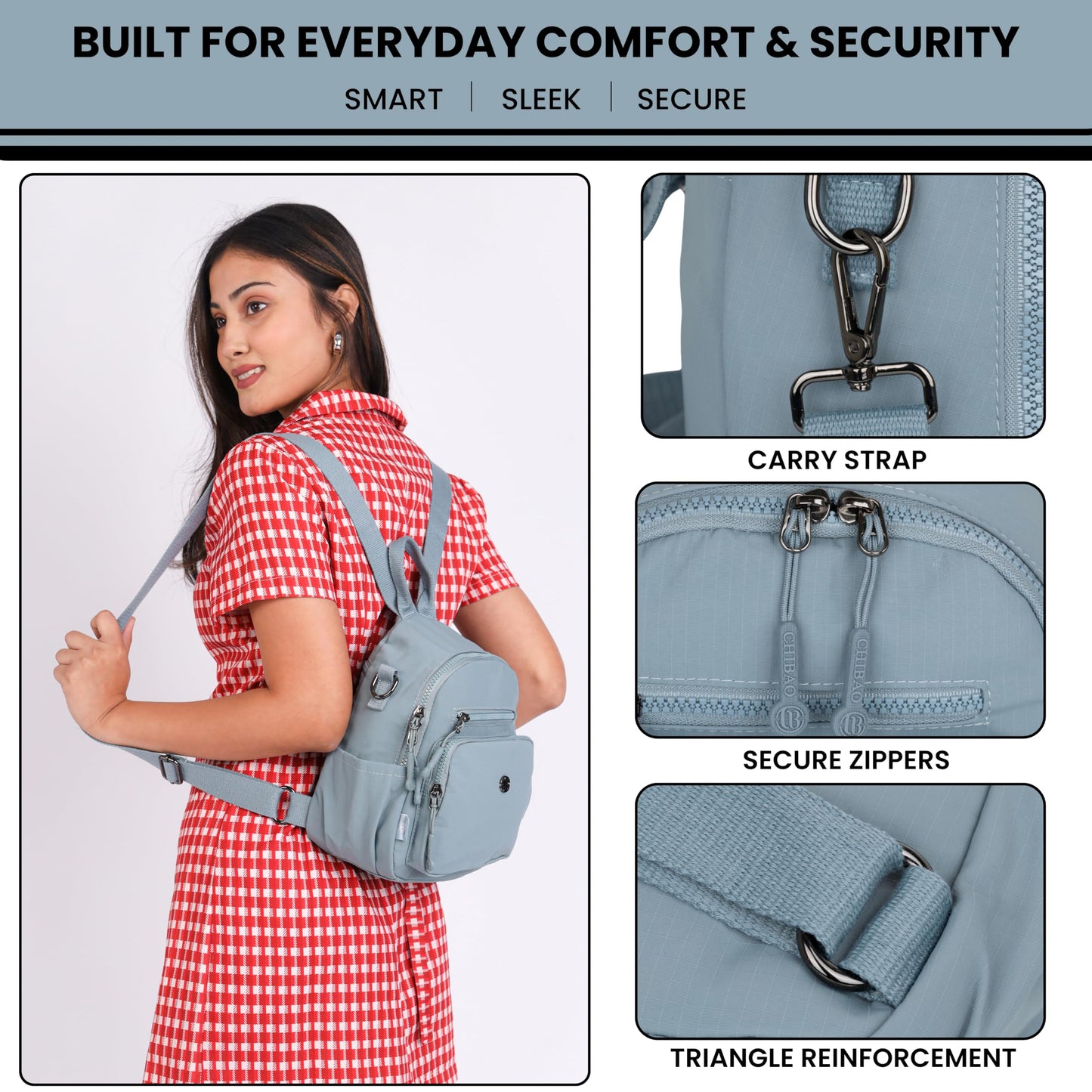 12o12 Water-Resistant Anti-Theft Women's & Girls Mini Backpack with Multiple Compartments Storage, Smooth Zippers, Fashion Casual Crossbody Sling Bag for Trips, Travel Daypack, Work, College (Skyblue)