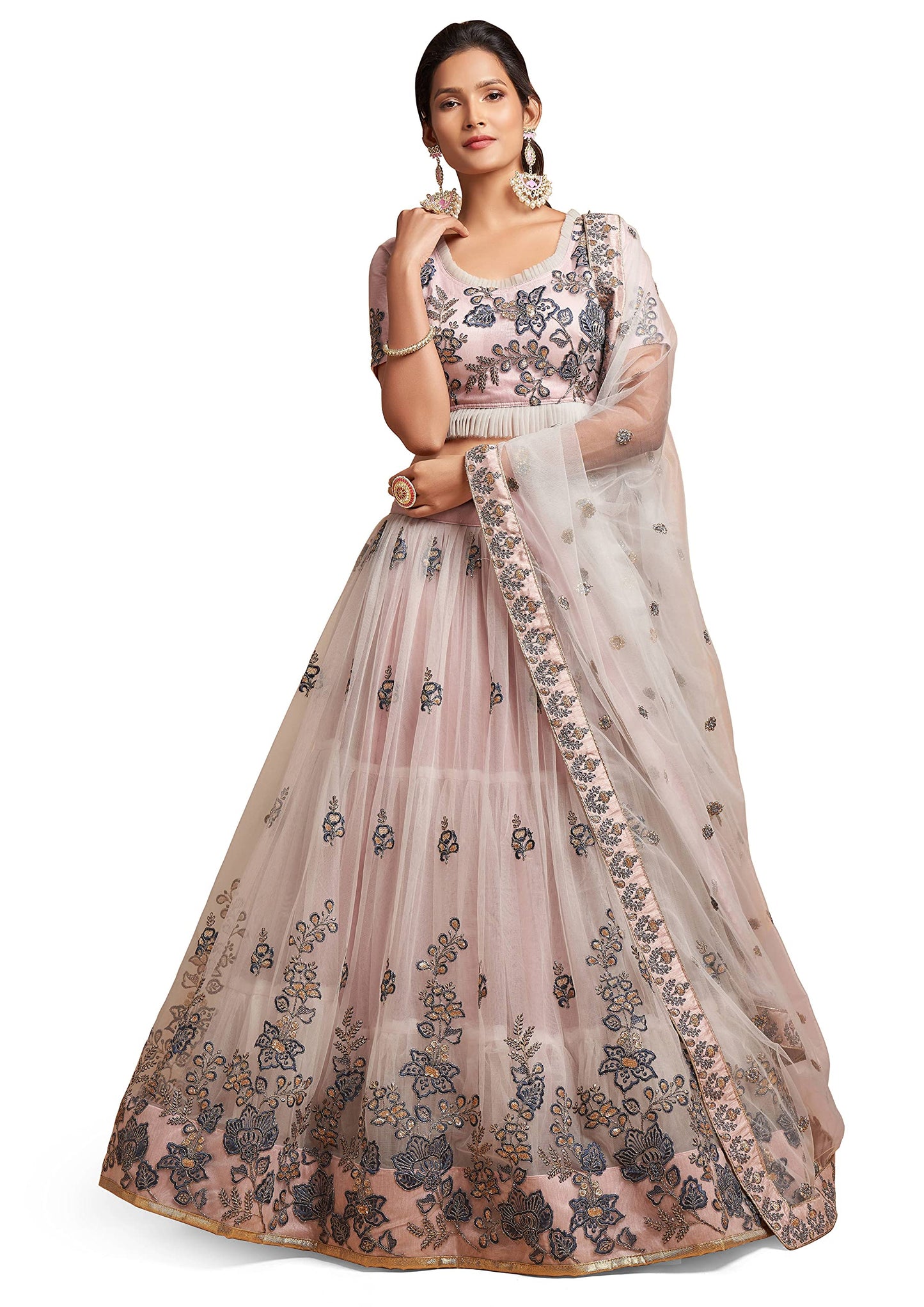 Zeel Clothing Women's Net Embroidered Semi-Stitched New Bridal Lehenga Choli with Dupatta (7307-Grey-Wedding-Girlish-Latest-Lehenga; Free Size)