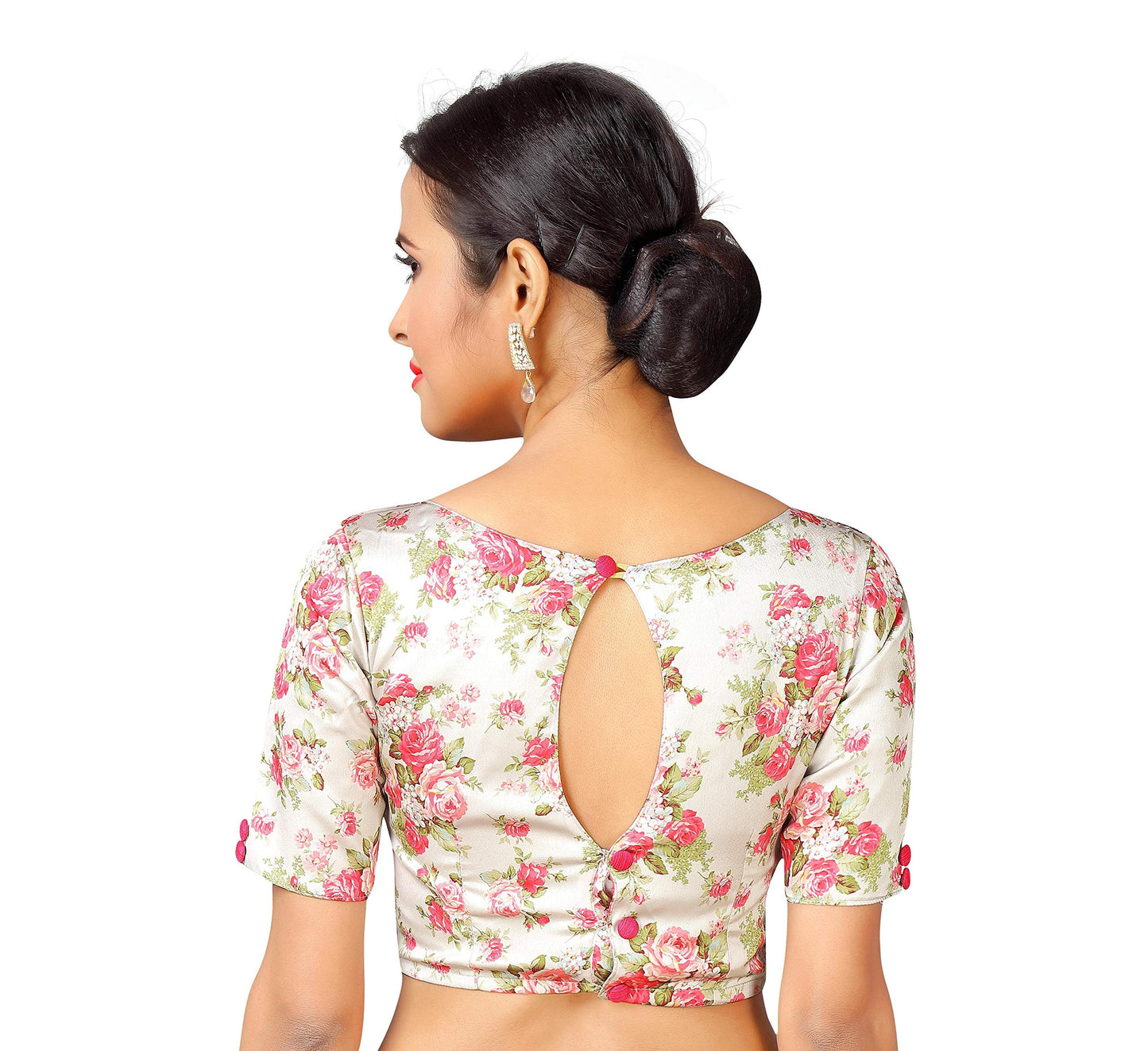Studio Shringaar Women's Readymade Off White With Pink Rose Printed Saree Blouse With Short Sleeves (Off-White, 40, Polyester)