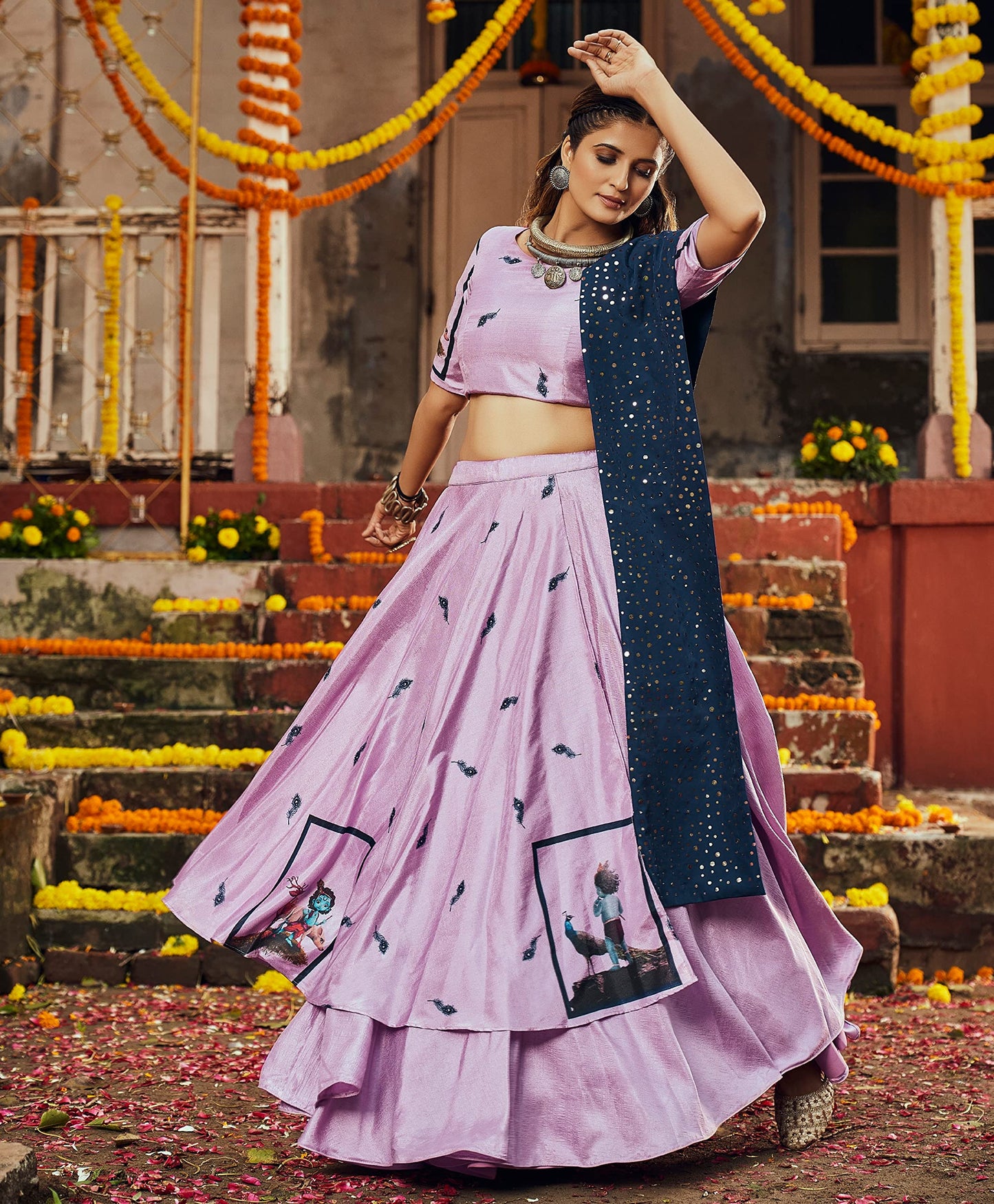 Divine International Trading Co Women's Silk Embroidered Unstitched Lehenga Choli With Dupatta (2123-Dusty Pink-Navratri-Garba-Tradational-Lehenga; Free Size)