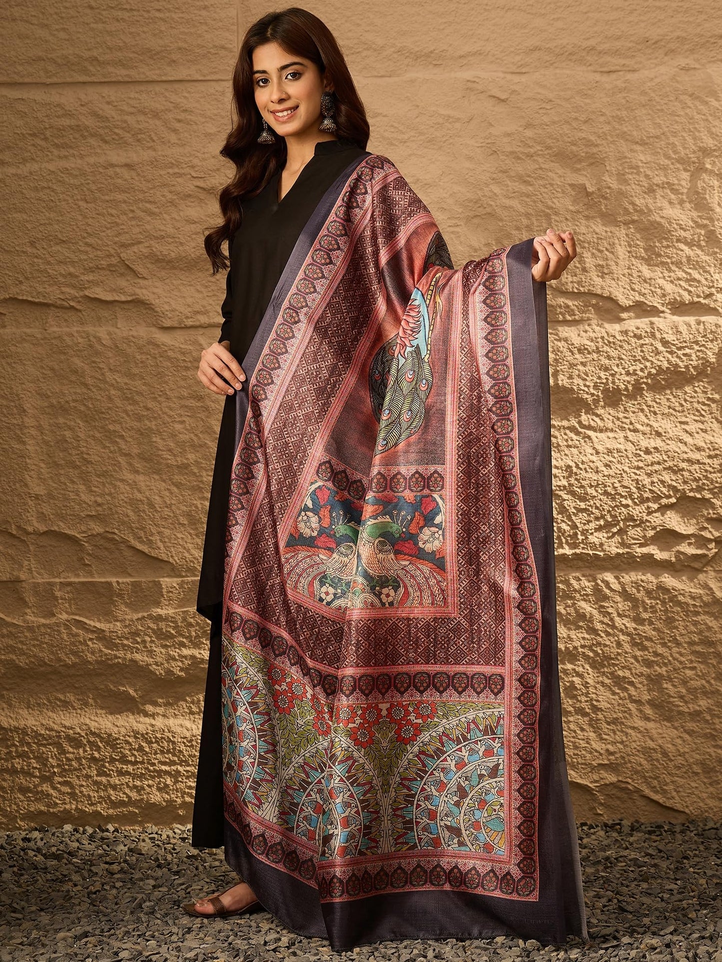 InWeave Mandarin Collar Straight Kurta with Palazzos & Dupatta