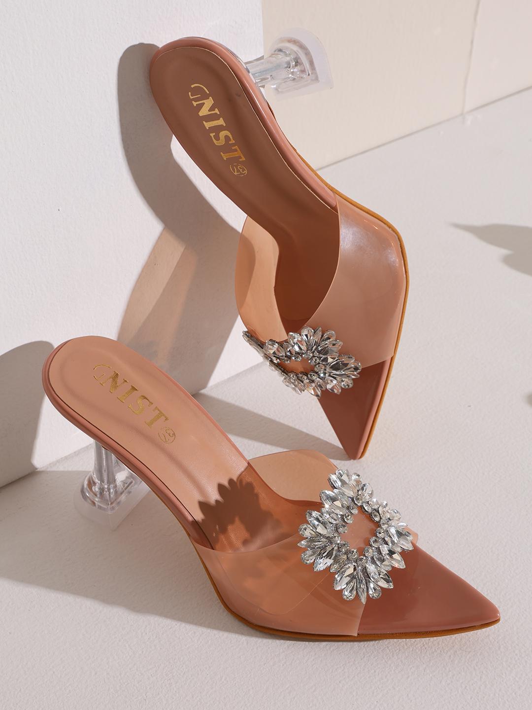 Peach Rhinestone Clear Stilettos