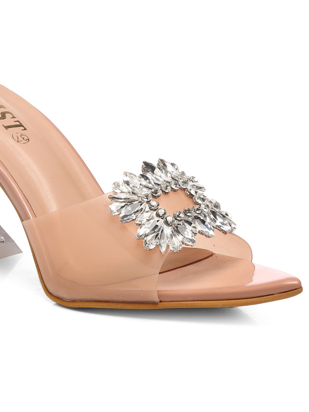 Peach Rhinestone Clear Stilettos