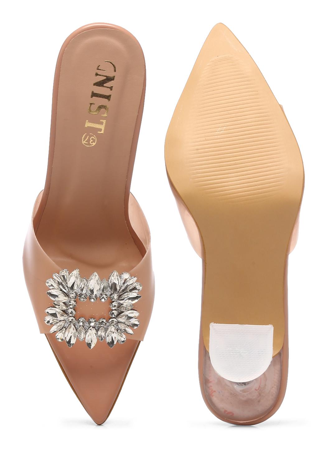 Peach Rhinestone Clear Stilettos