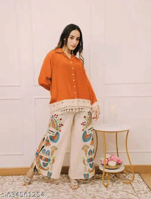 Rutaba Premium Rayon A-Cut Top With Lace Work & Digital Print Plazo Set | 5 Colour Branded Co-Ord Set for Women | Top & Plazo