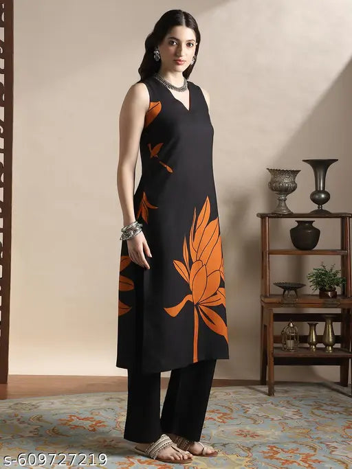 Globus Women Black V-Neck Sleeveless Floral Print Straight Kurta With Pants Fusion Set